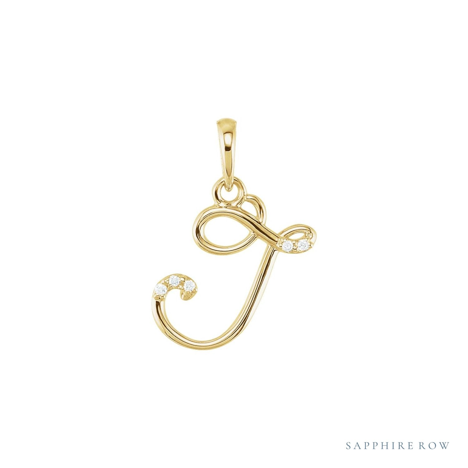 Sapphire Row Diamond Script Initial Pendant - J, 14K Yellow Gold