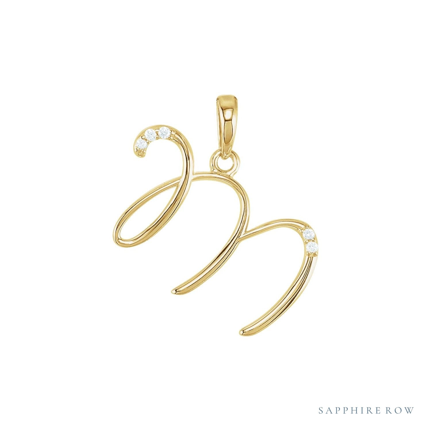 Sapphire Row Diamond Script Initial Pendant - M, 14K Yellow Gold