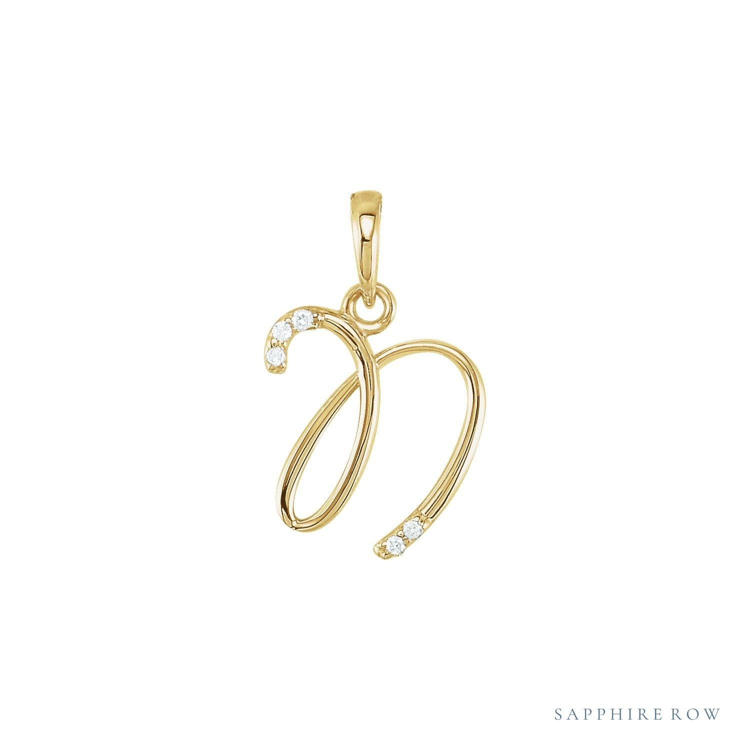 Sapphire Row Diamond Script Initial Pendant - N, 14K Yellow Gold