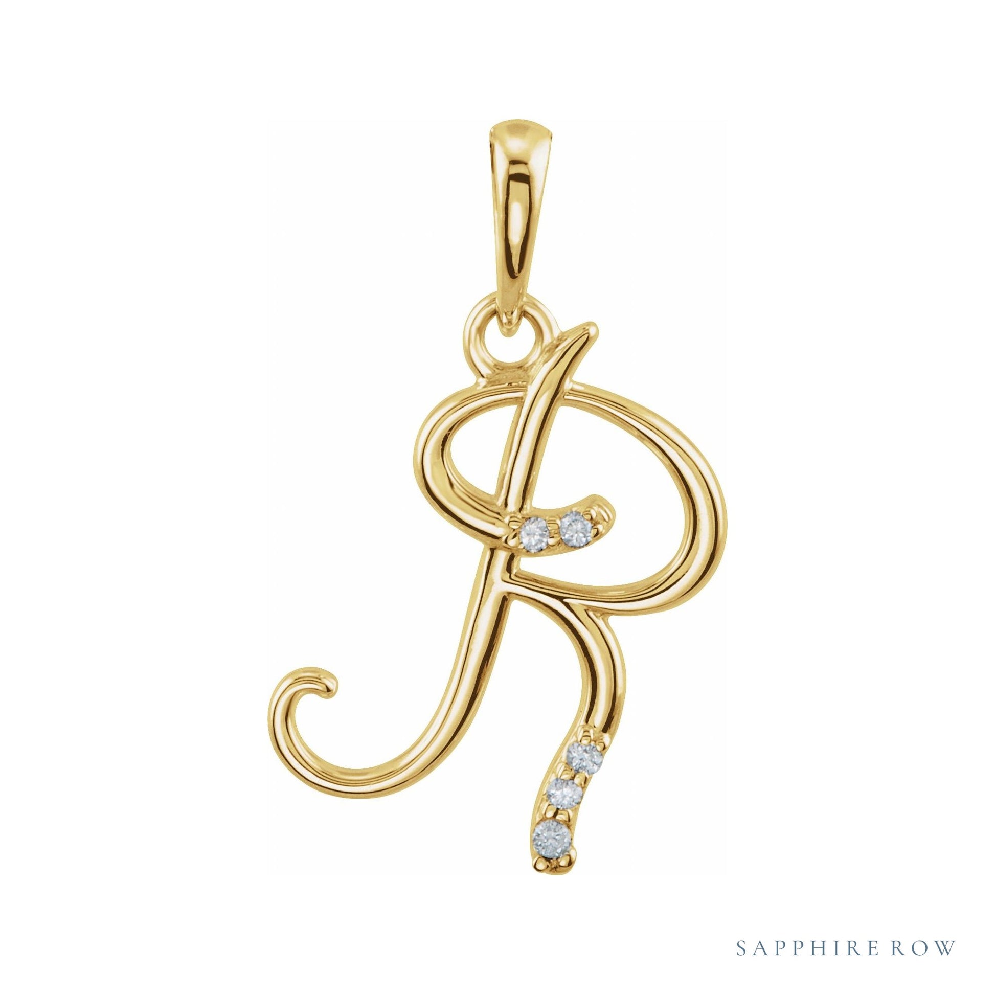 Sapphire Row Diamond Script Initial Pendant - R, 14K Yellow Gold
