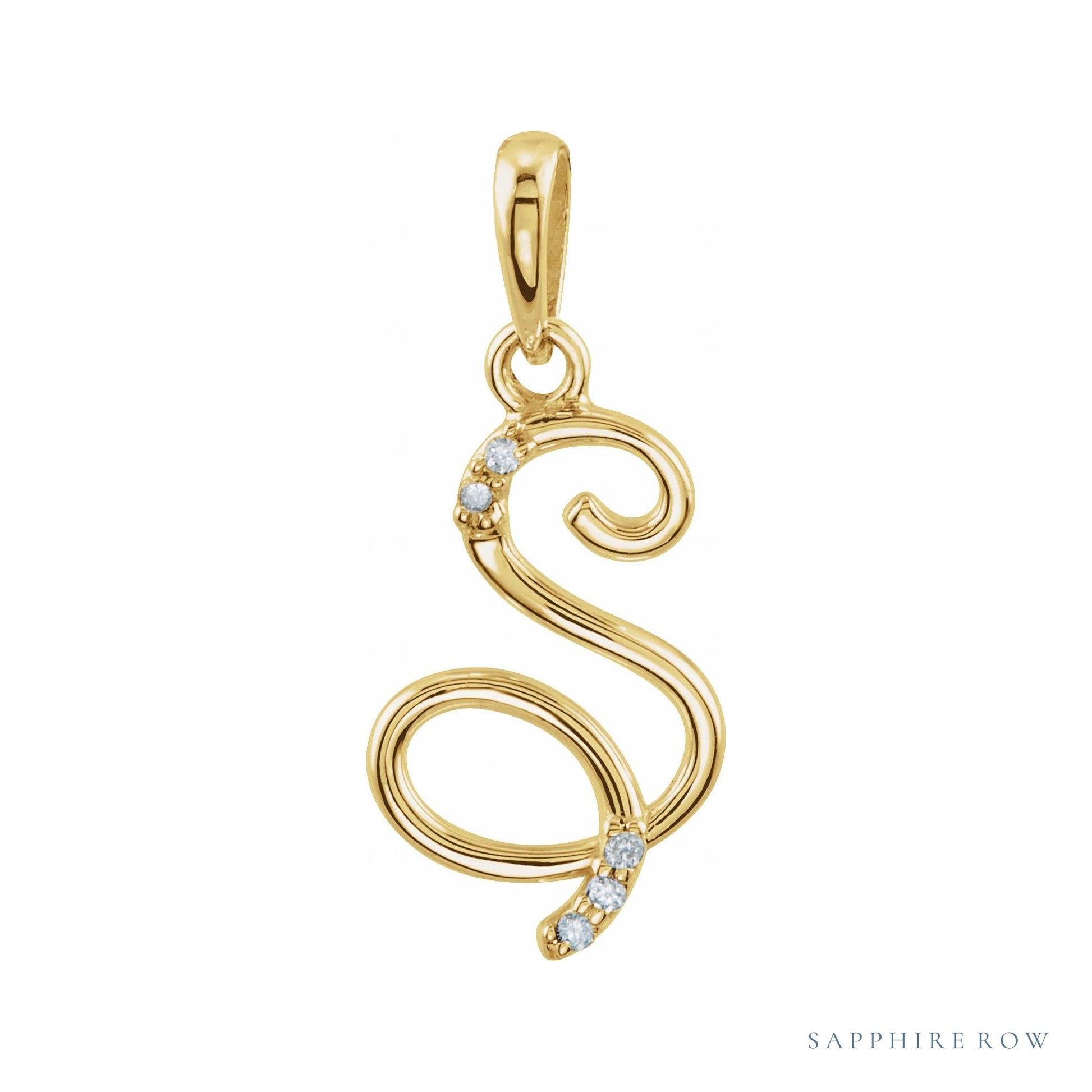 Sapphire Row Diamond Script Initial Pendant - S, 14K Yellow Gold