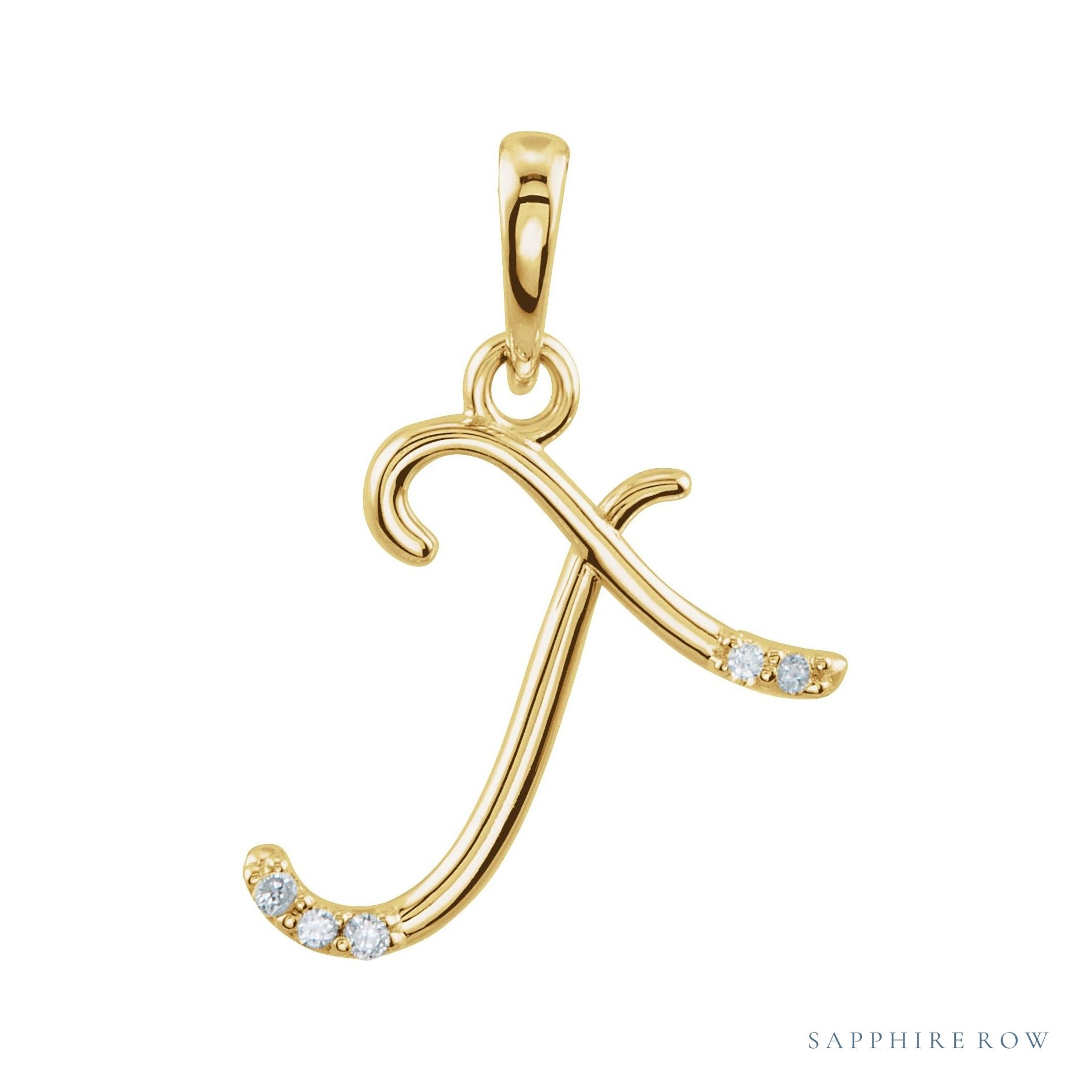 Sapphire Row Diamond Script Initial Pendant - T, 14K Yellow Gold