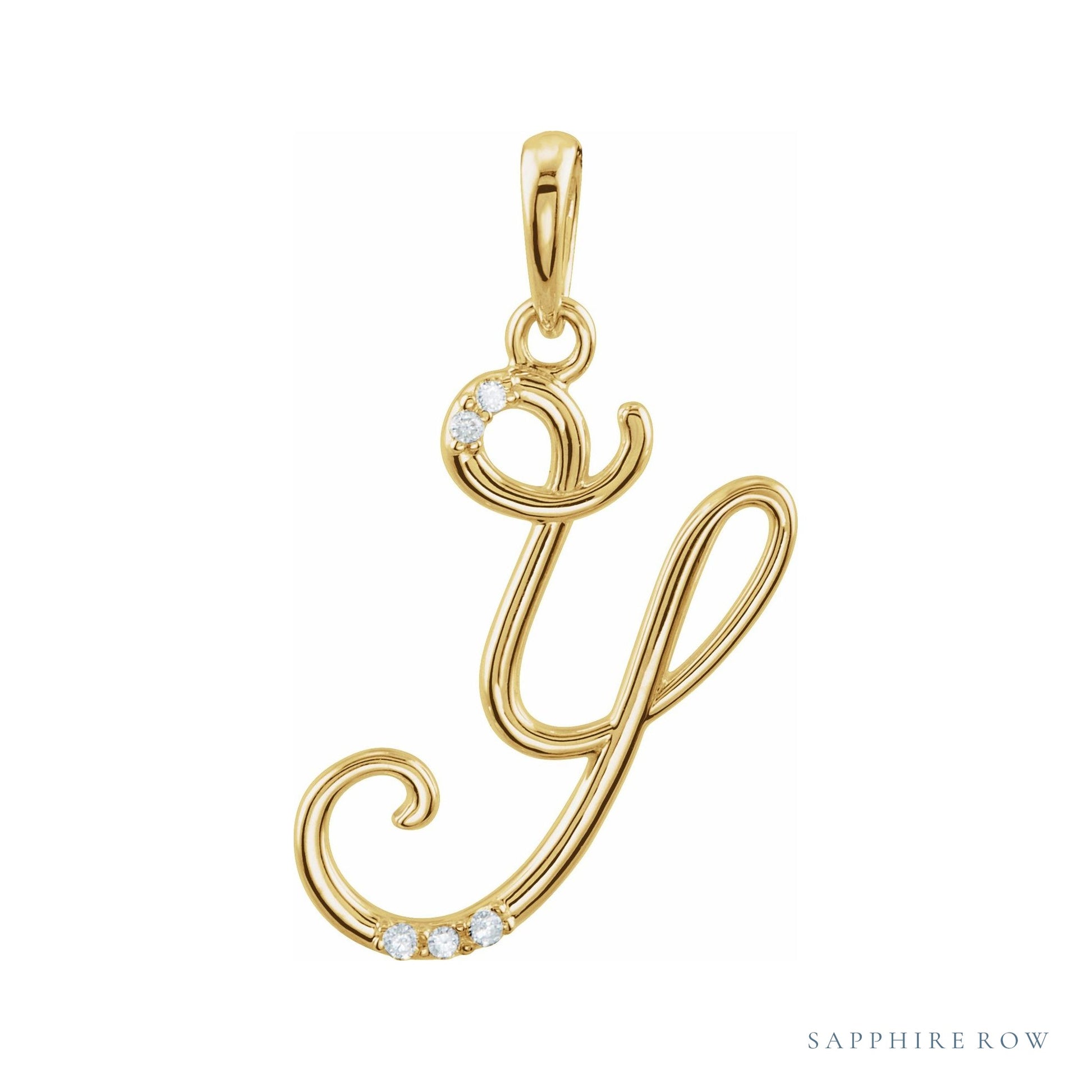 Sapphire Row Diamond Script Initial Pendant - Y, 14K Yellow Gold