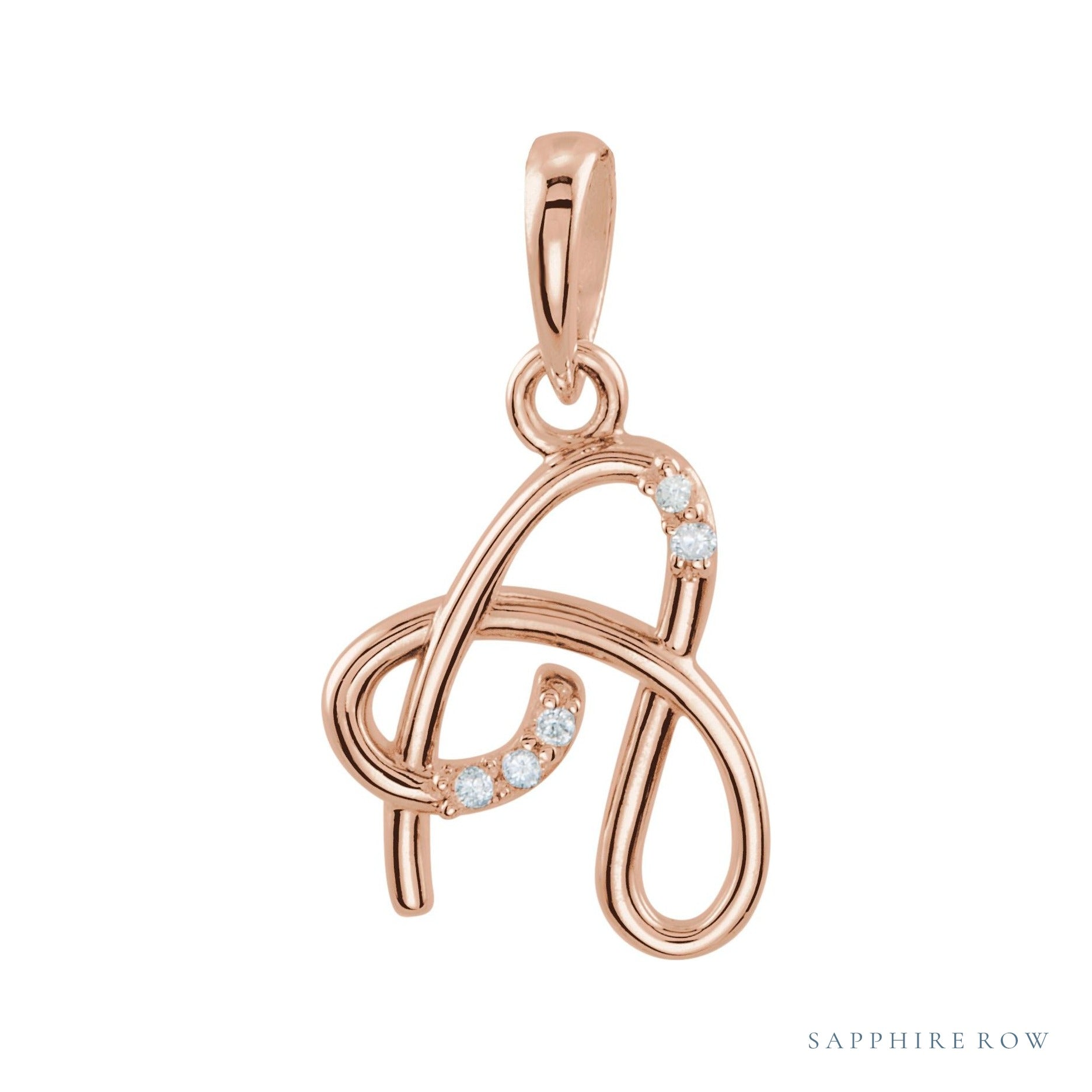 Sapphire Row Diamond Script Initial Pendant - A, 14K Rose Gold