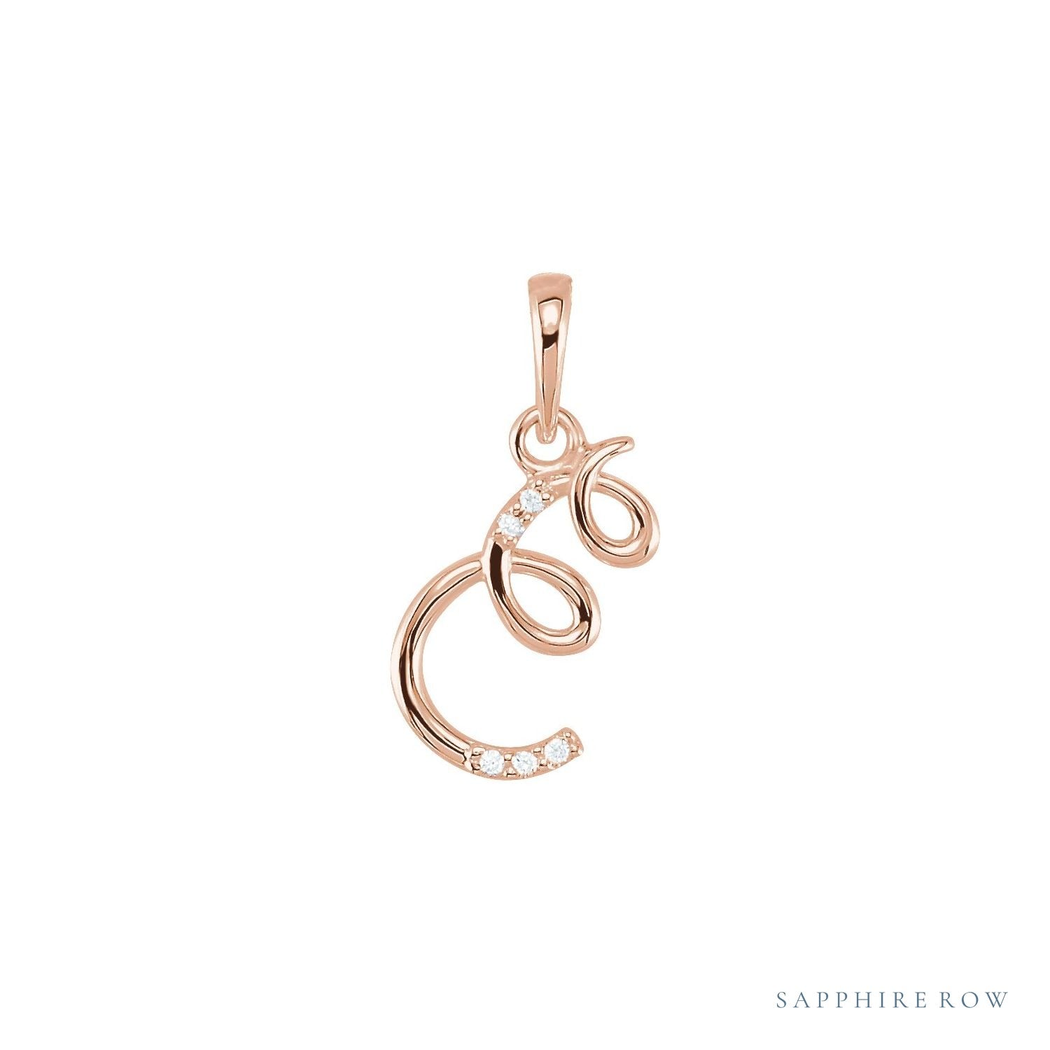 Sapphire Row Diamond Script Initial Pendant - E, 14K Rose Gold