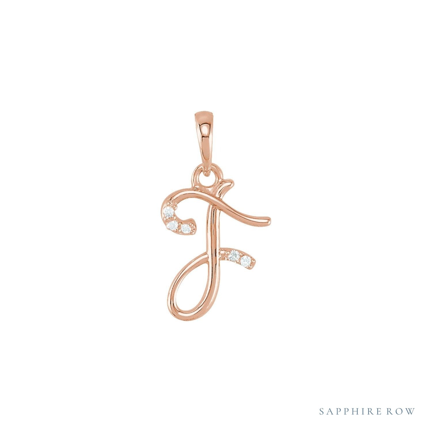 Sapphire Row Diamond Script Initial Pendant - F, 14K Rose Gold
