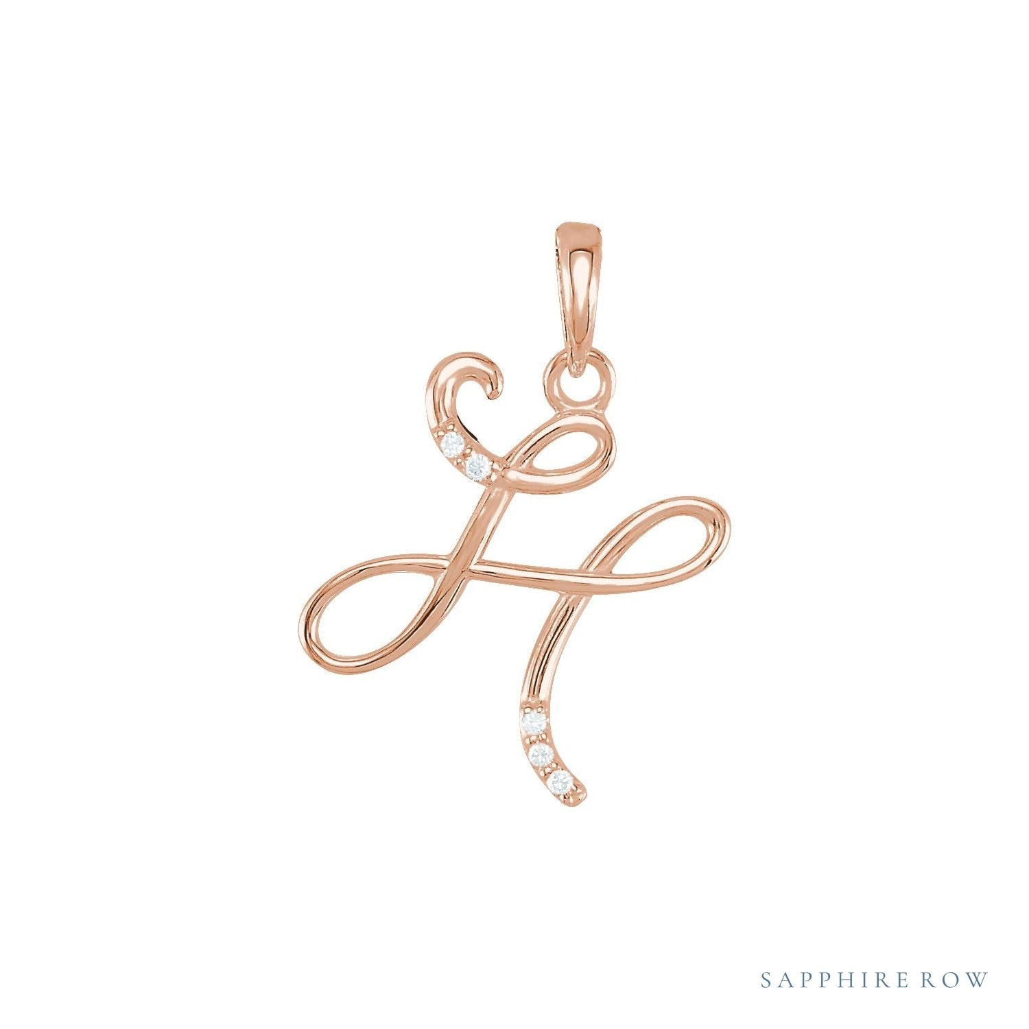 Sapphire Row Diamond Script Initial Pendant - H, 14K Rose Gold