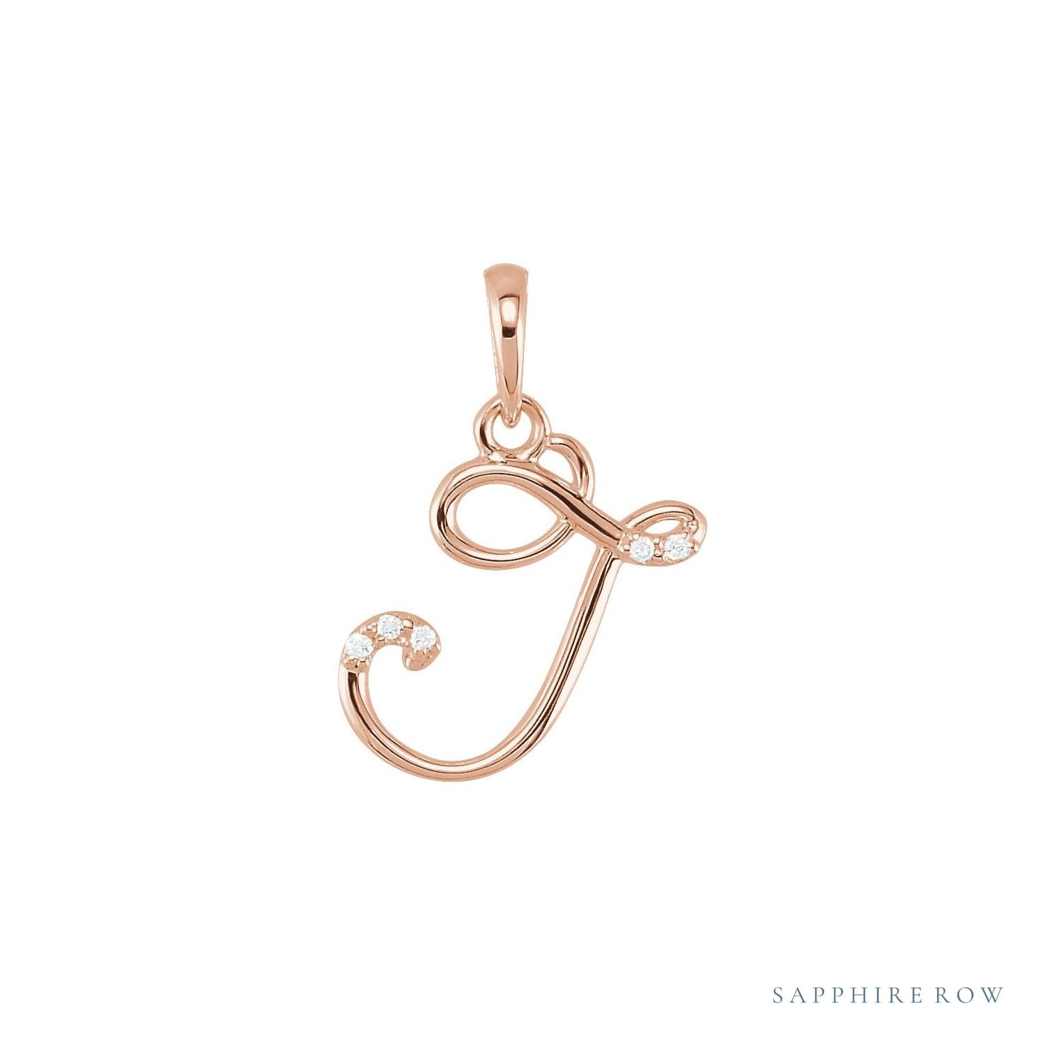 Sapphire Row Diamond Script Initial Pendant - J, 14K Rose Gold