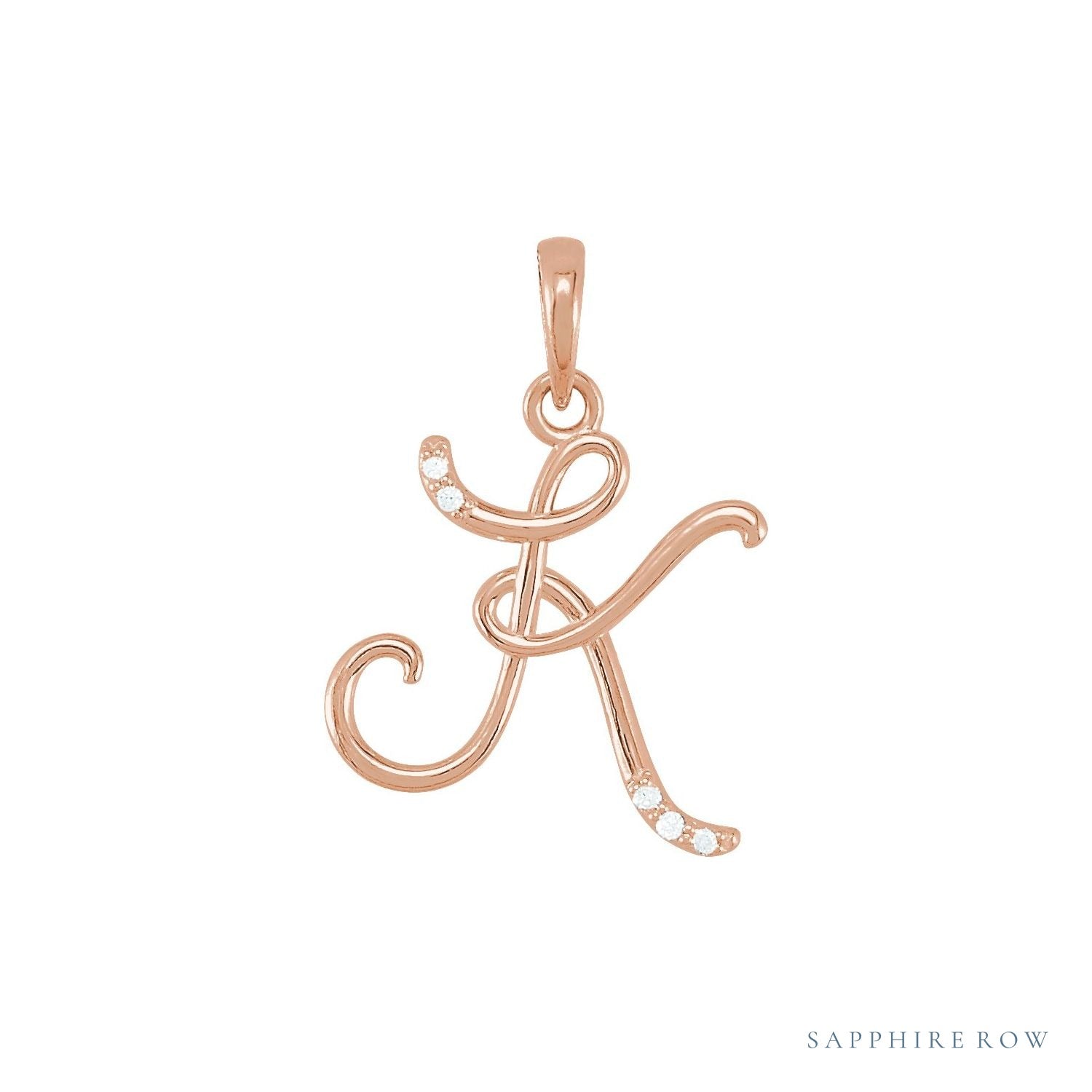 Sapphire Row Diamond Script Initial Pendant - K, 14K Rose Gold