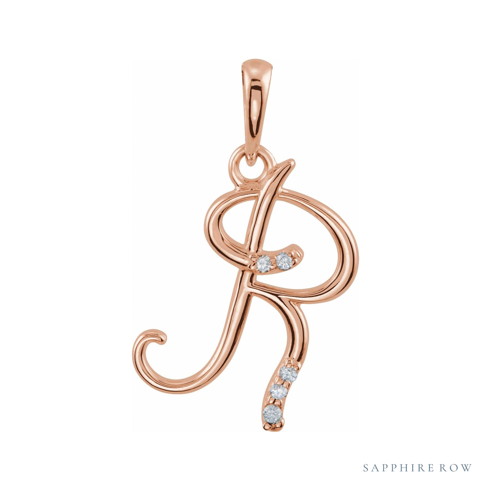Sapphire Row Diamond Script Initial Pendant - R, 14K Rose Gold