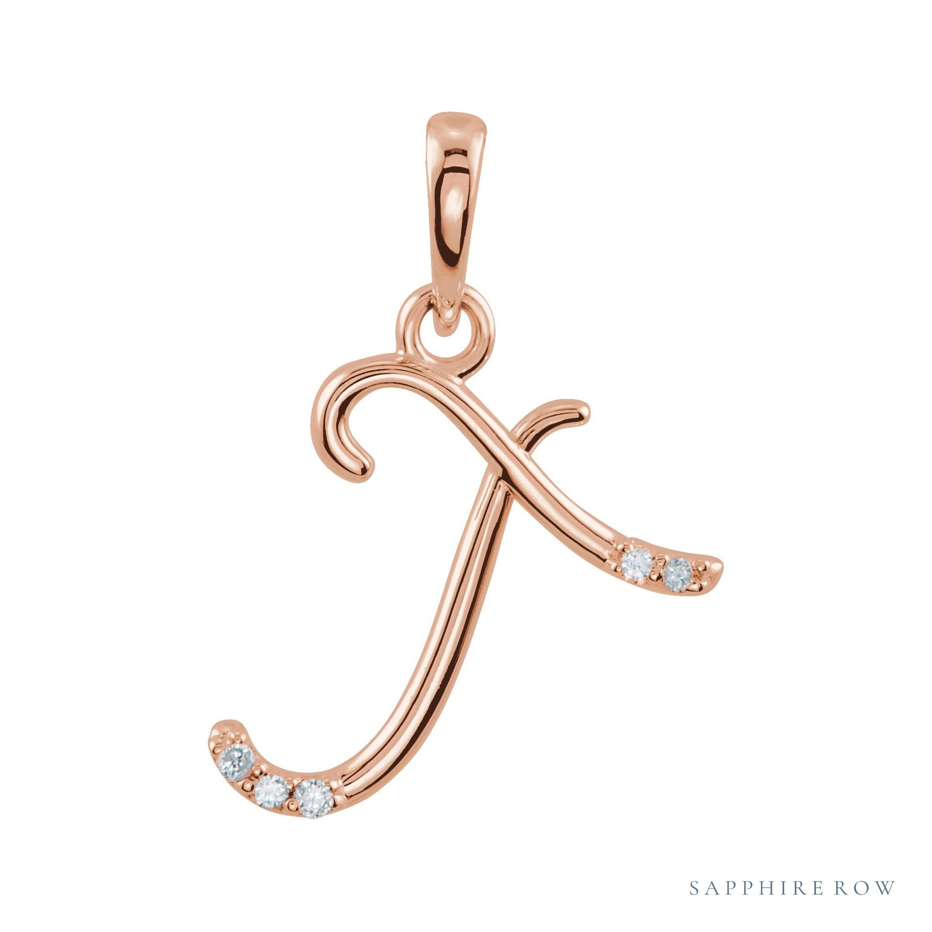 Sapphire Row Diamond Script Initial Pendant - T, 14K Rose Gold