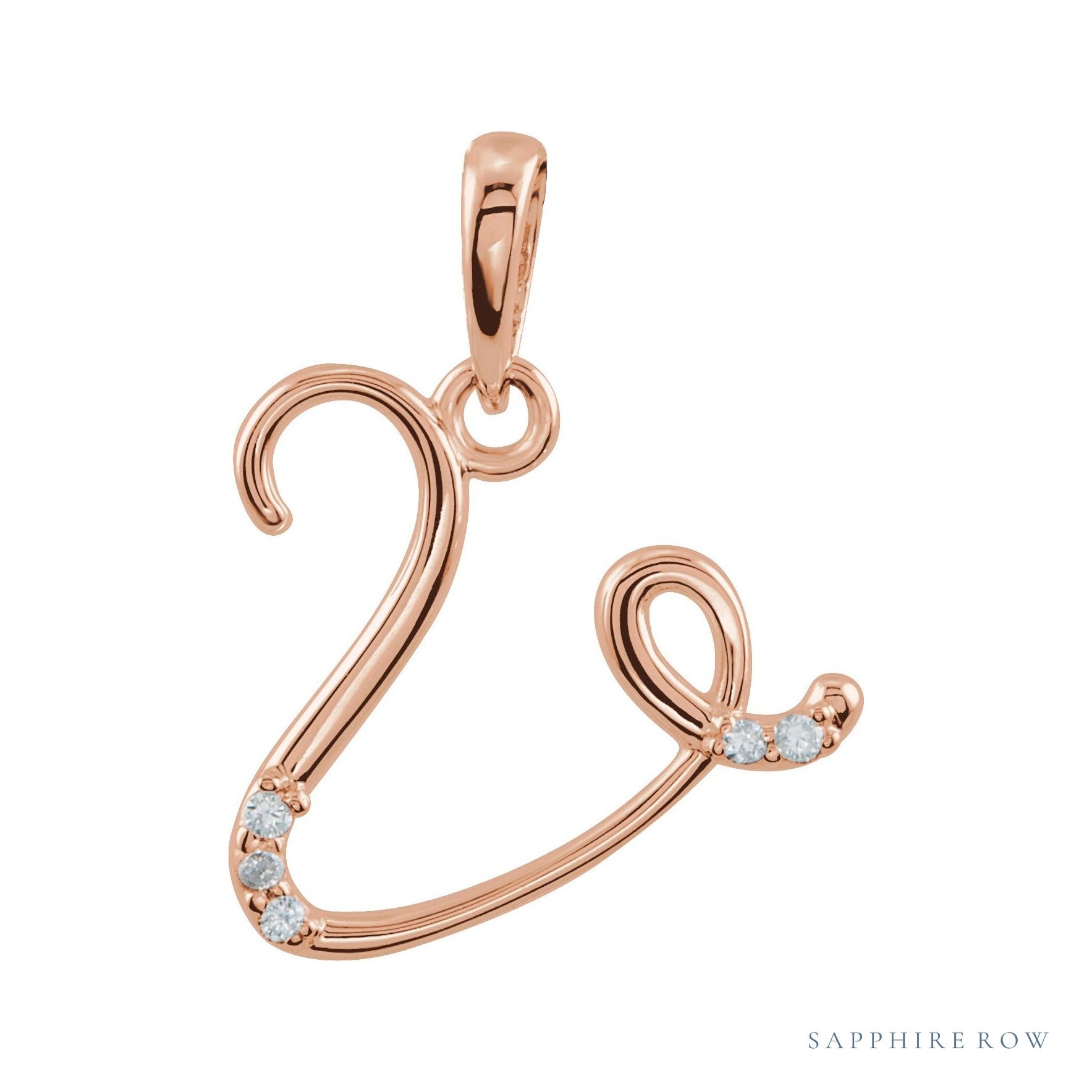 Sapphire Row Diamond Script Initial Pendant - V, 14K Rose Gold
