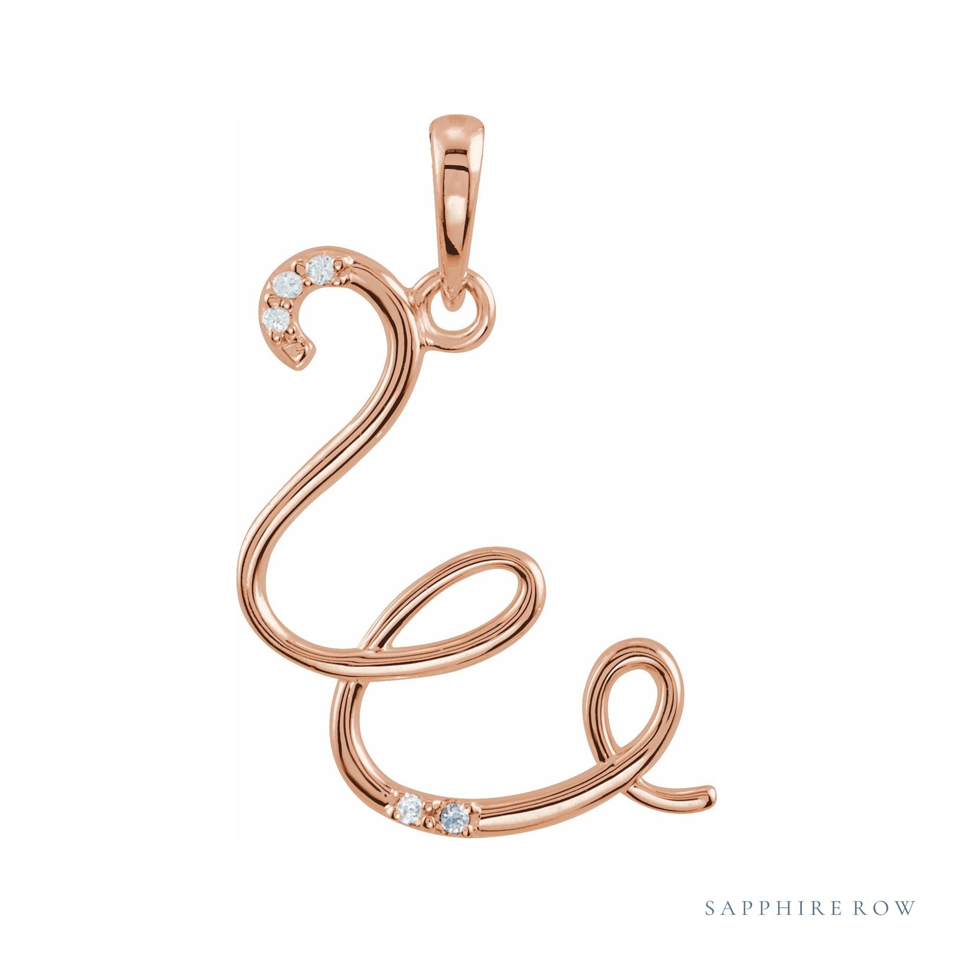 Sapphire Row Diamond Script Initial Pendant - W, 14K Rose Gold