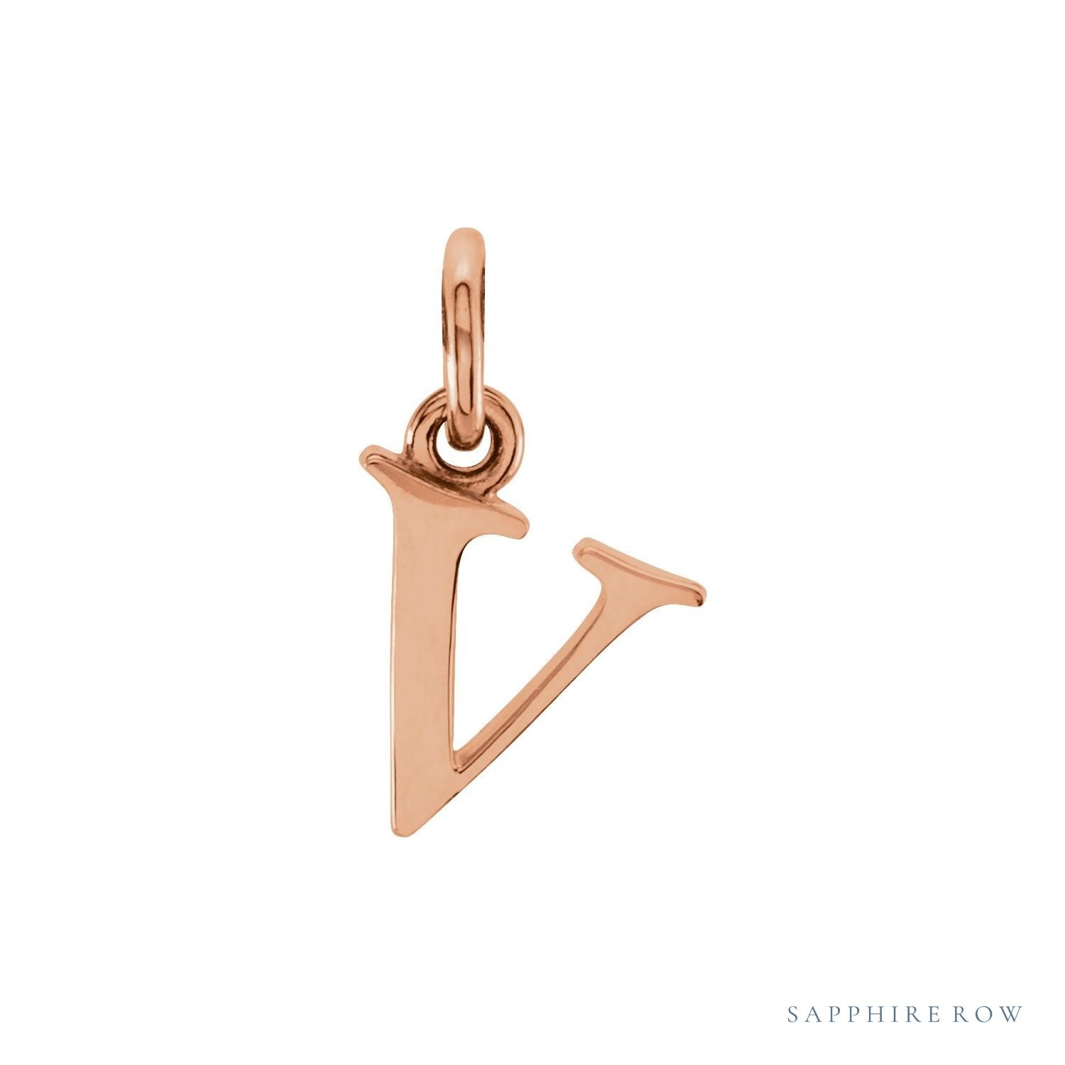 Sapphire Row Gold Initial Pendant - v, 14K Rose Gold