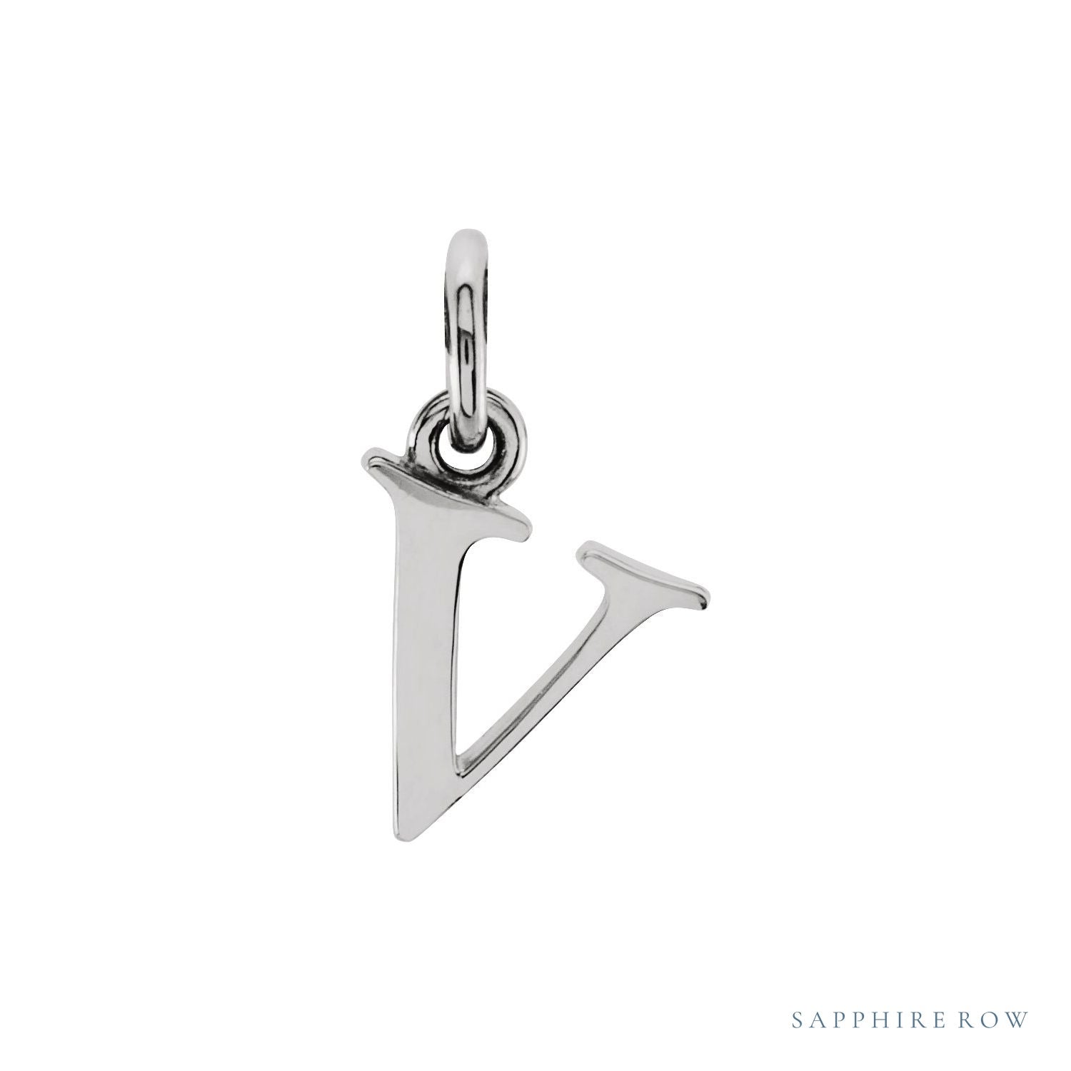 Sapphire Row Gold Initial Pendant - v, 14K White Gold