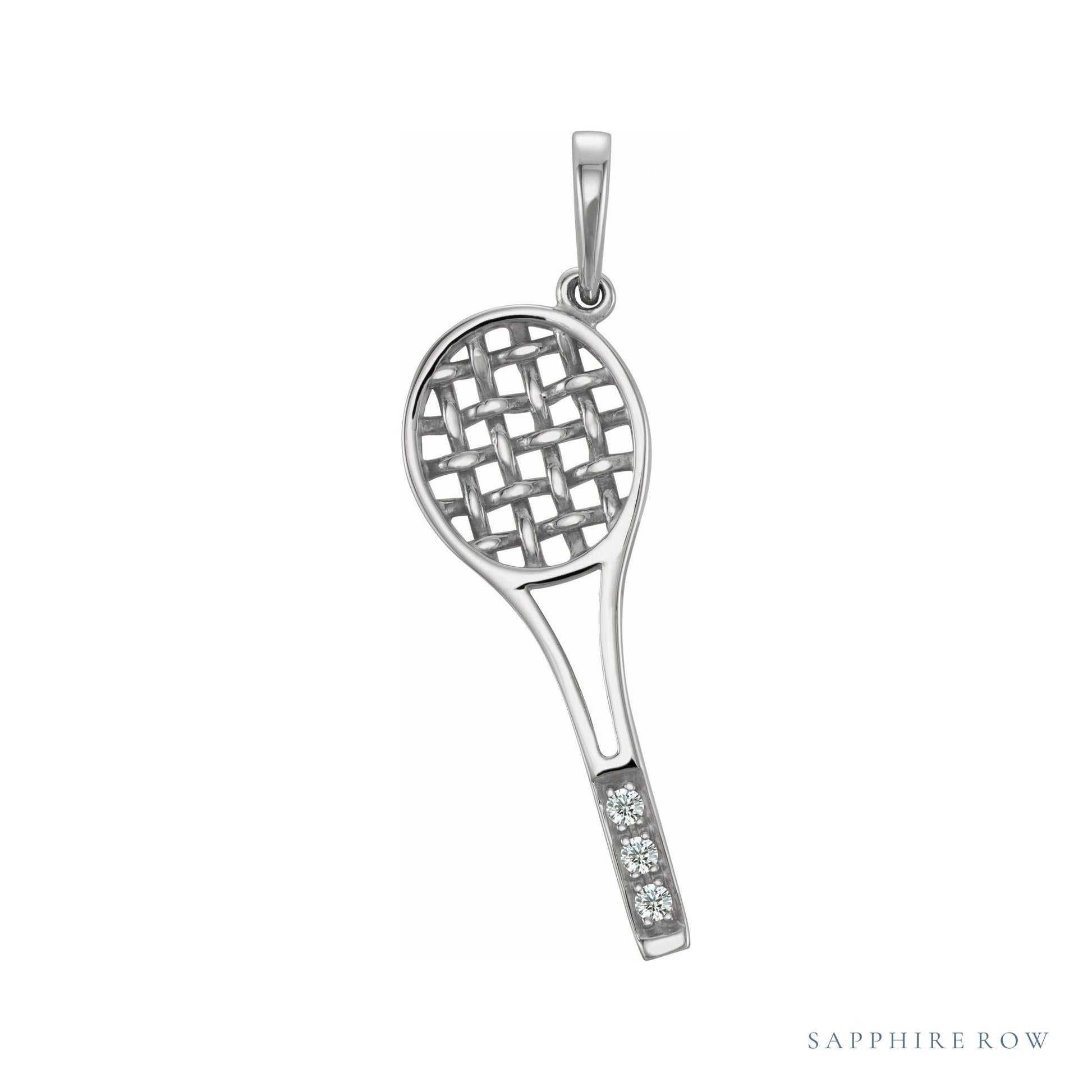 Sapphire Row Natural Diamond Tennis Racquet Pendant - 14K White Gold