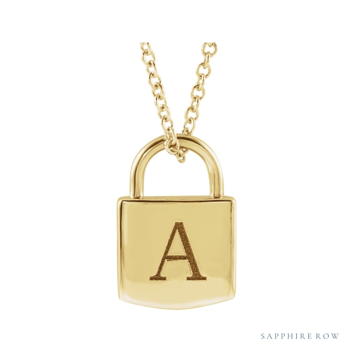 Sapphire Row Engravable Lock Necklace - 14K Yellow Gold (view 3)