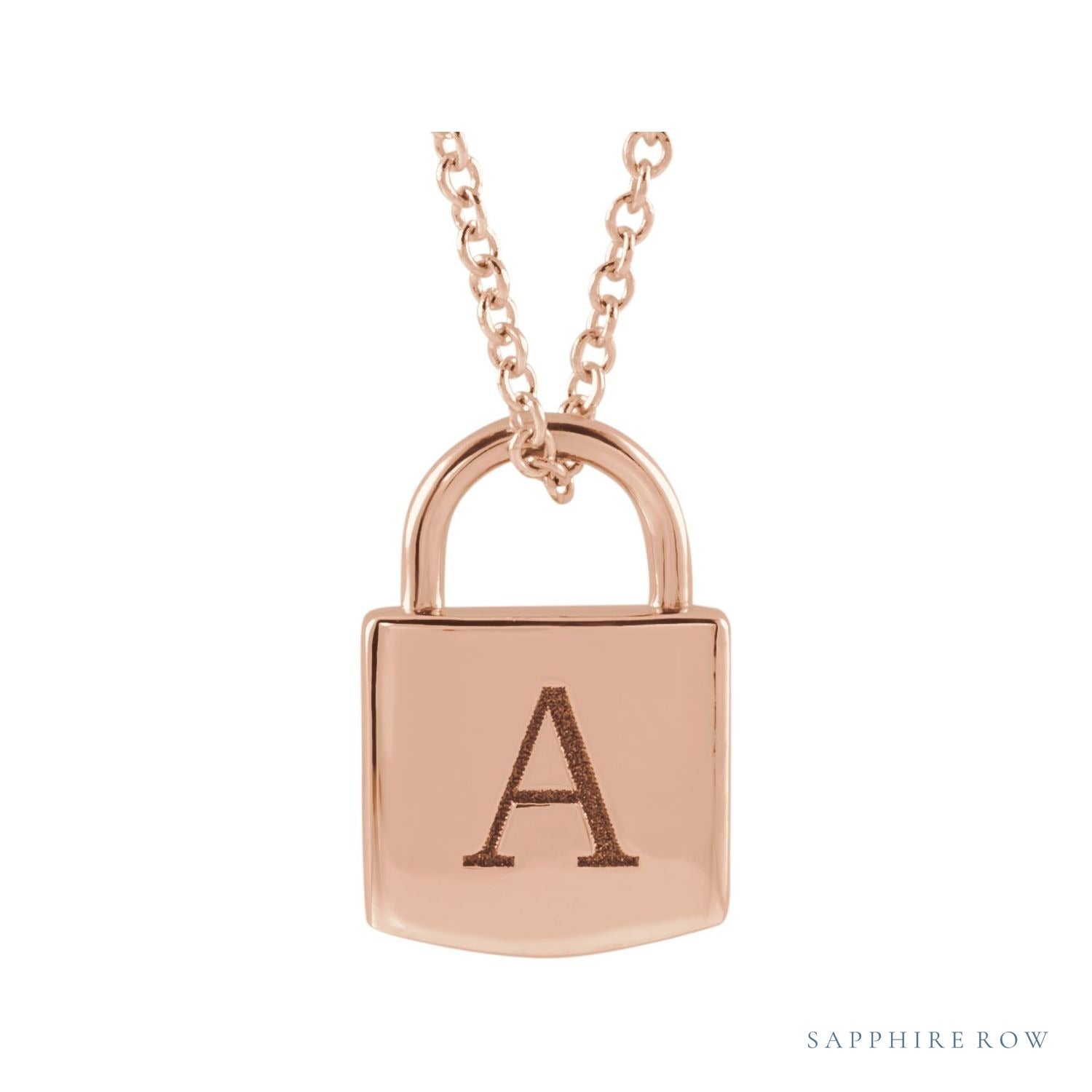 Sapphire Row Engravable Lock Necklace - 14K Rose Gold (view 3)