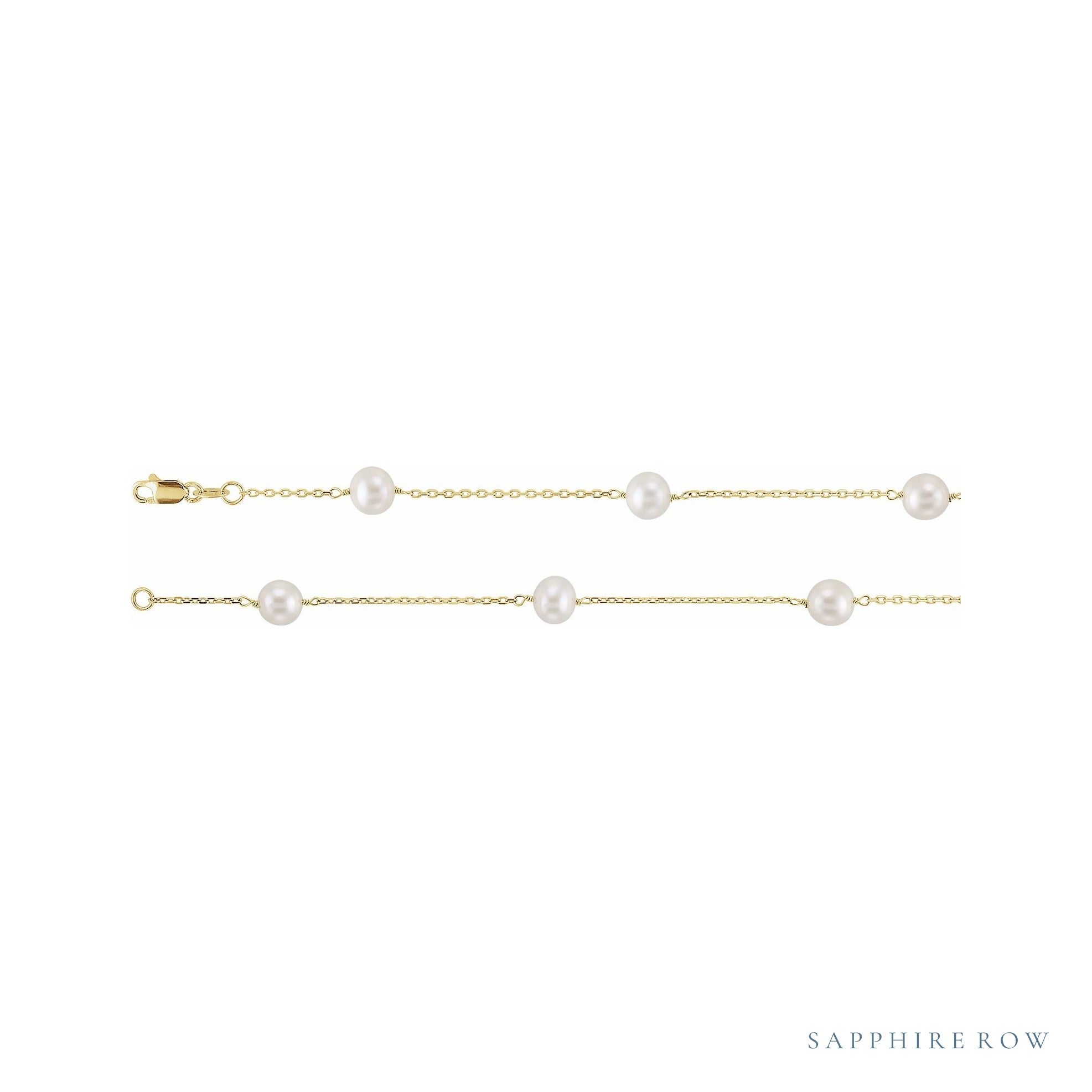 Sapphire Row Pearl Station Necklace - 14K Yellow Gold