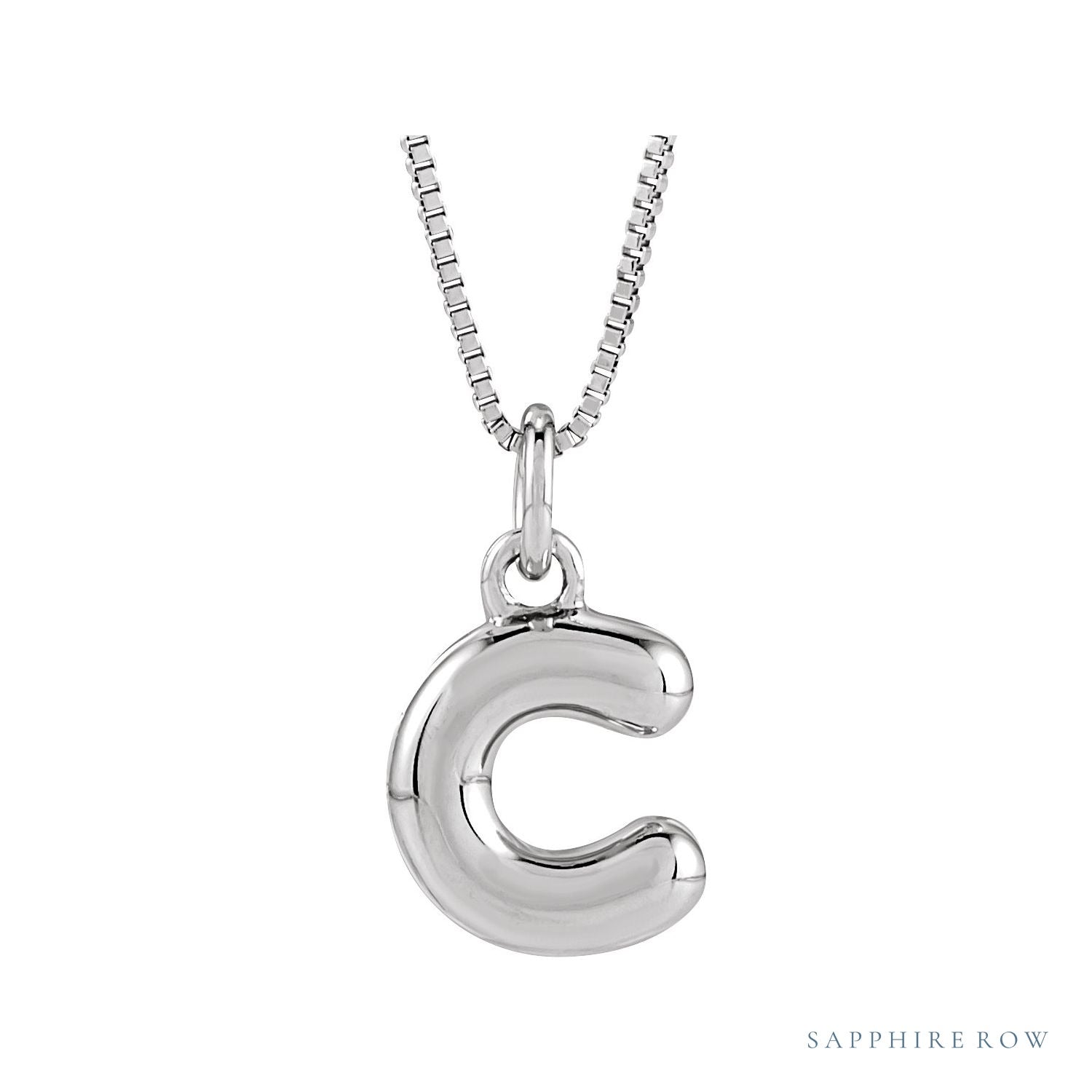 Sapphire Row Bubble Letter Necklace - C, 14K White Gold