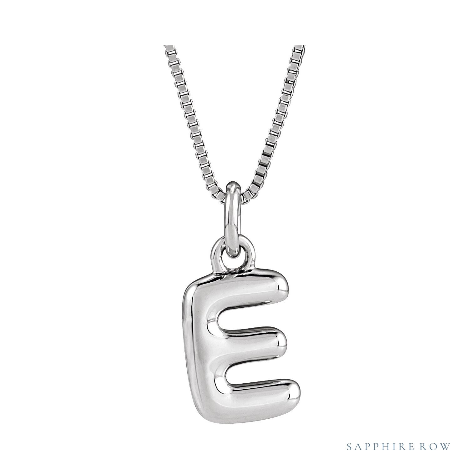 Sapphire Row Bubble Letter Necklace - E, 14K White Gold