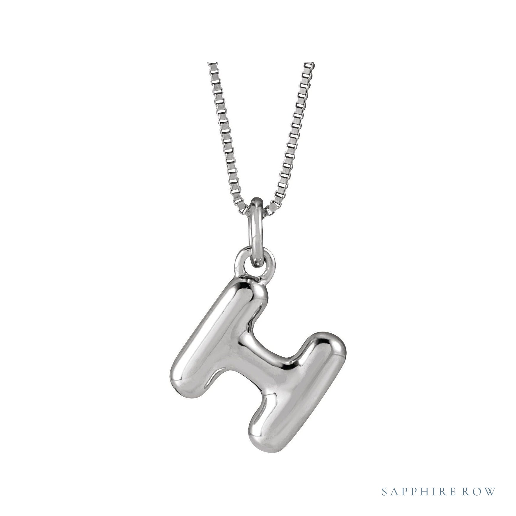 Sapphire Row Bubble Letter Necklace - H, 14K White Gold