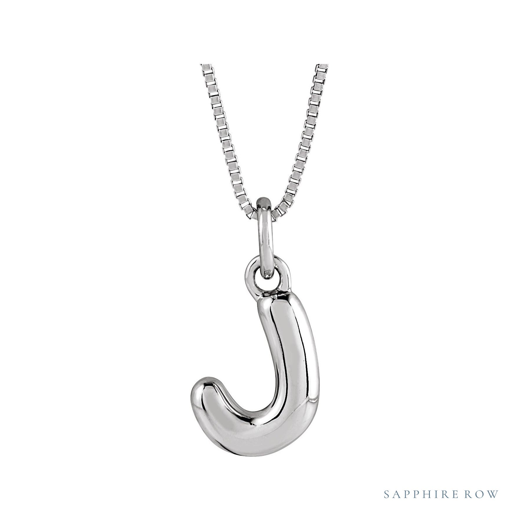 Sapphire Row Bubble Letter Necklace - J, 14K White Gold