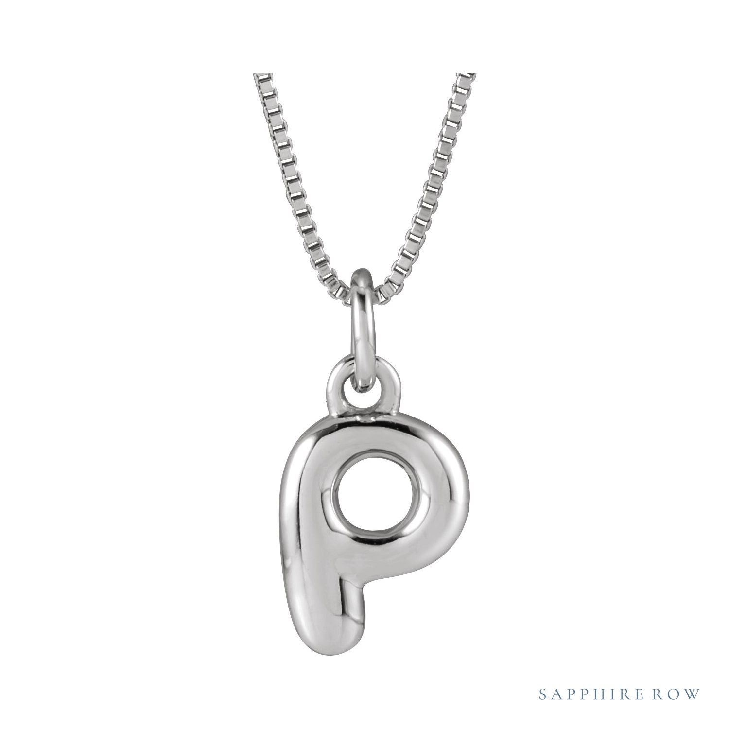 Sapphire Row Bubble Letter Necklace - P, 14K White Gold
