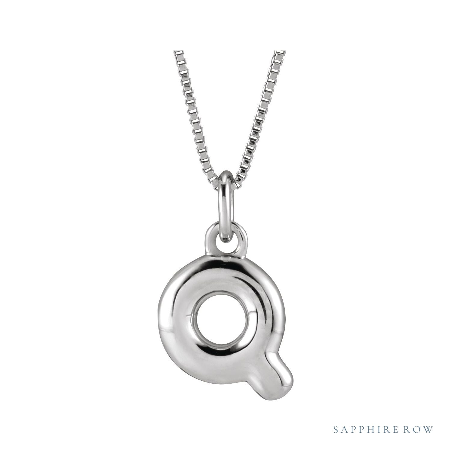 Sapphire Row Bubble Letter Necklace - Q, 14K White Gold