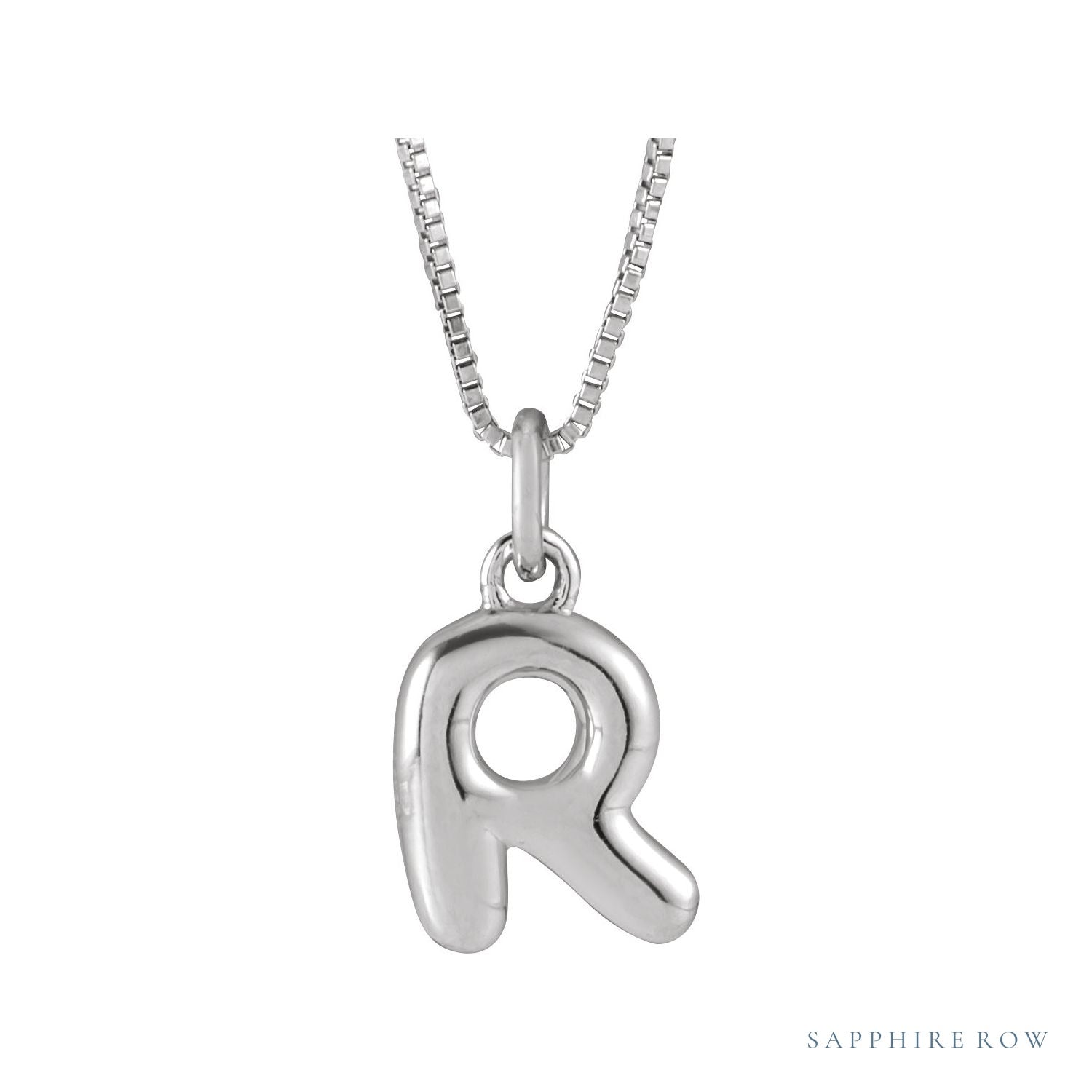 Sapphire Row Bubble Letter Necklace - R, 14K White Gold