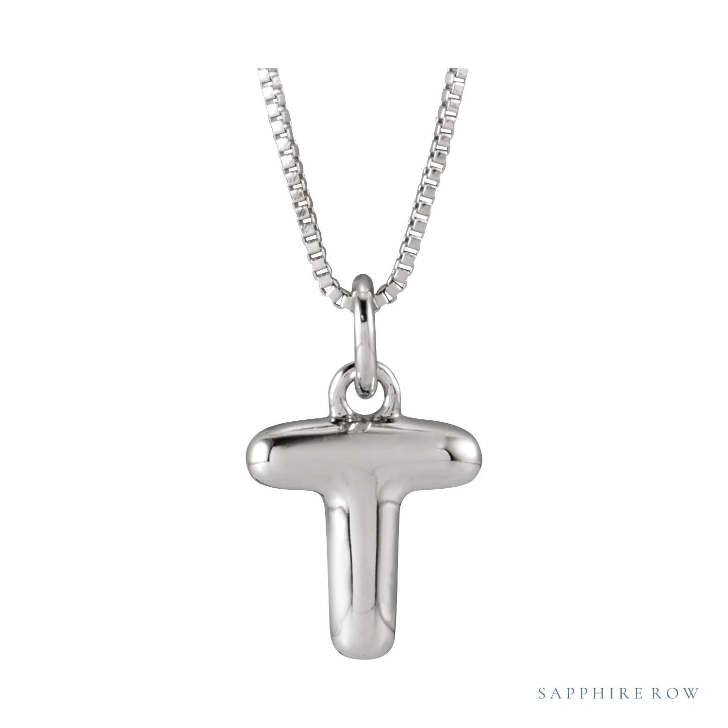 Sapphire Row Bubble Letter Necklace - T, 14K White Gold