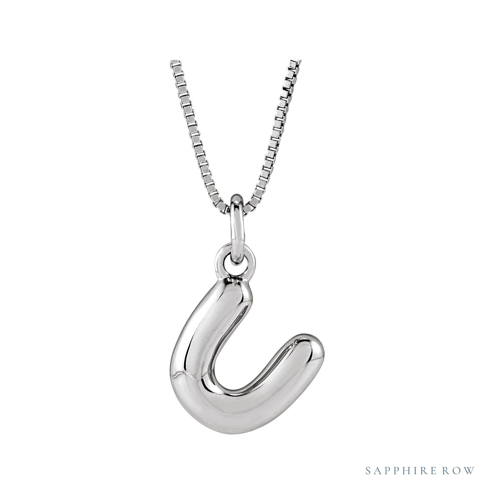 Sapphire Row Bubble Letter Necklace - U, 14K White Gold