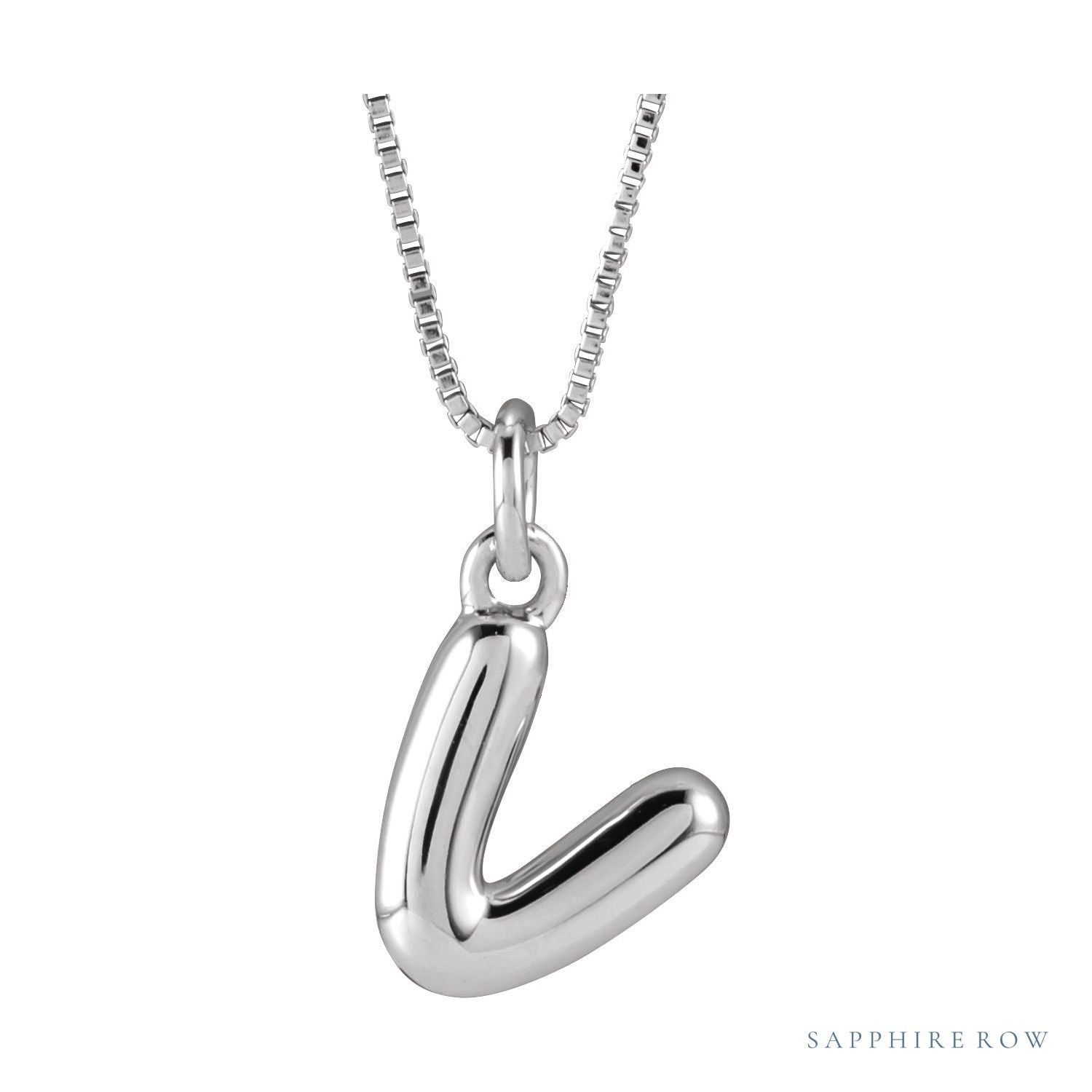 Sapphire Row Bubble Letter Necklace - V, 14K White Gold