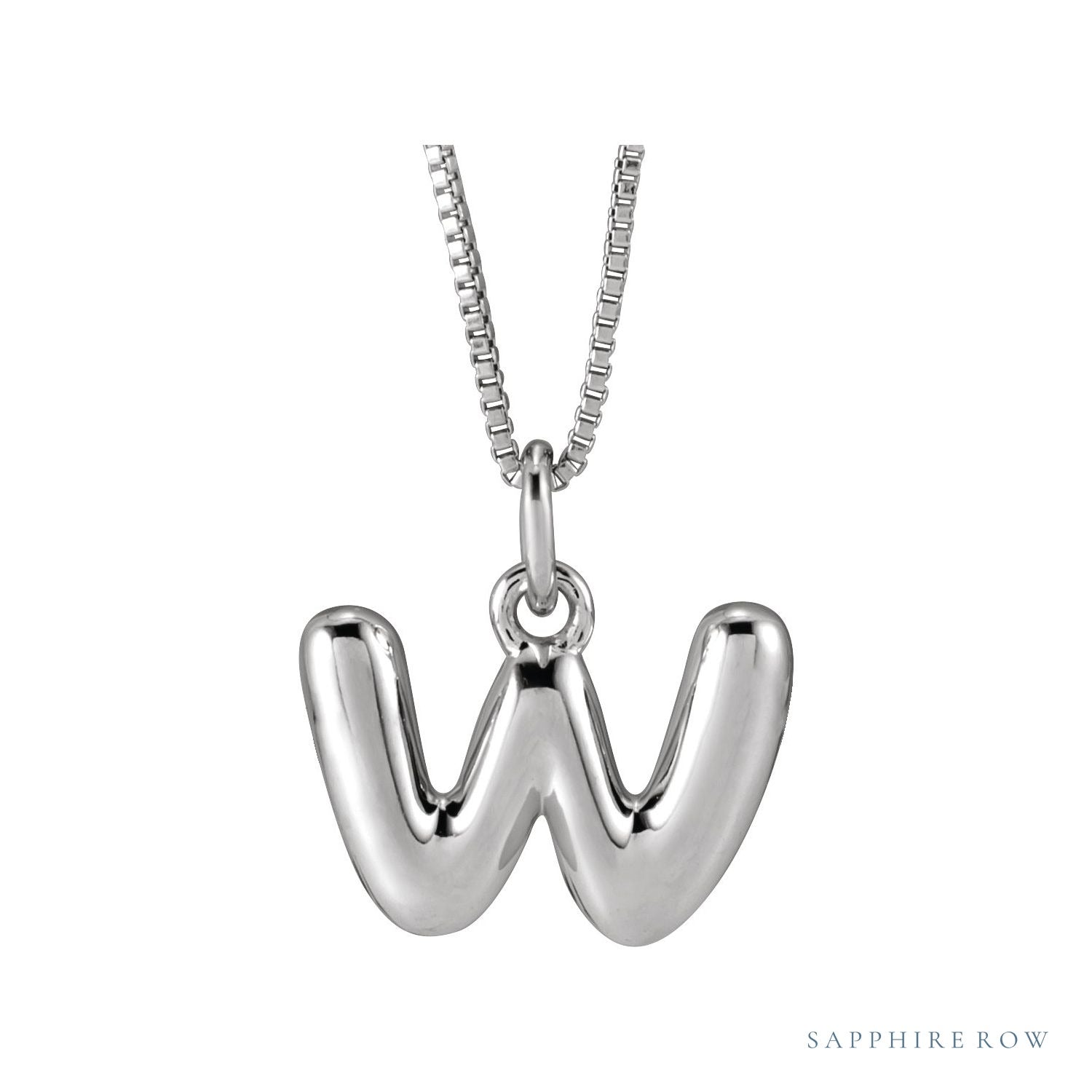 Sapphire Row Bubble Letter Necklace - W, 14K White Gold