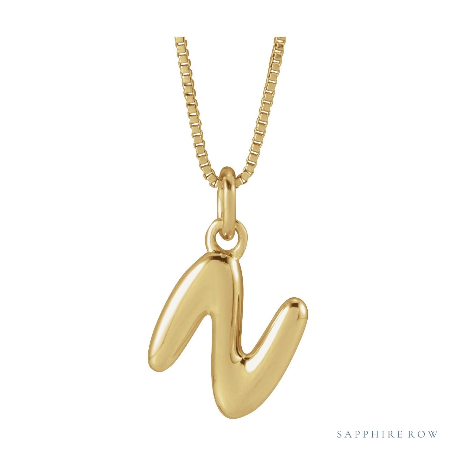 Sapphire Row Bubble Letter Necklace - N, 14K Yellow Gold