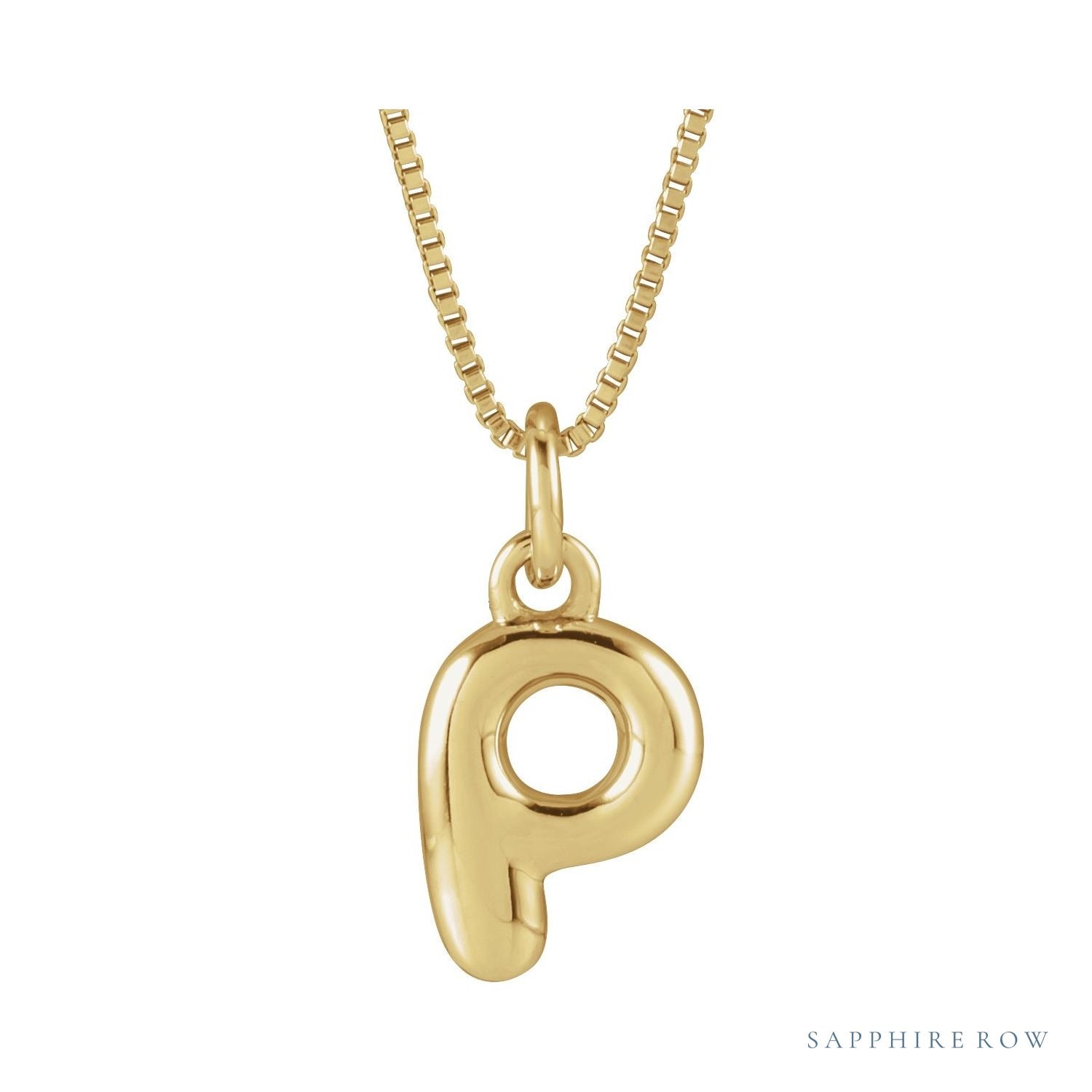 Sapphire Row Bubble Letter Necklace - P, 14K Yellow Gold