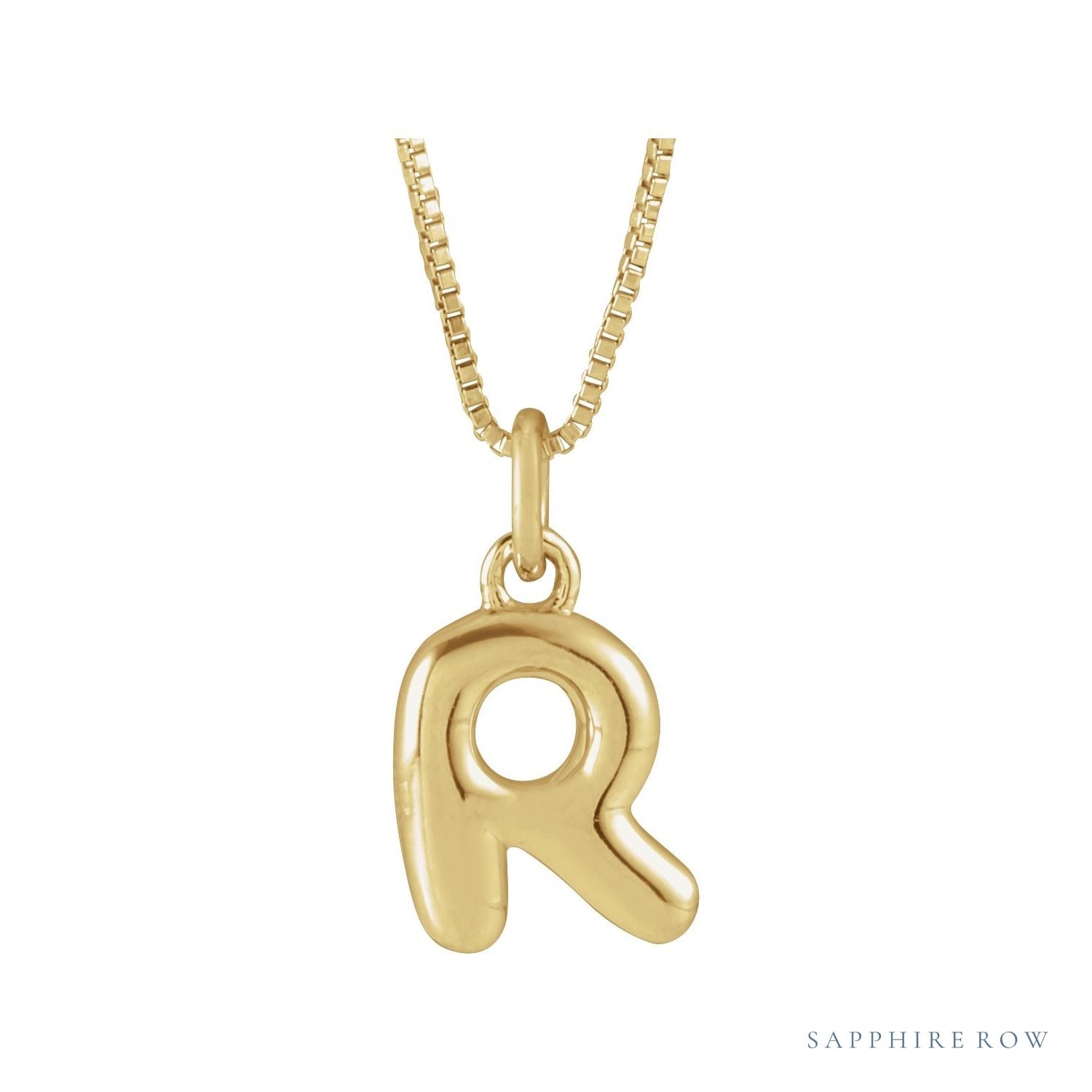 Sapphire Row Bubble Letter Necklace - R, 14K Yellow Gold