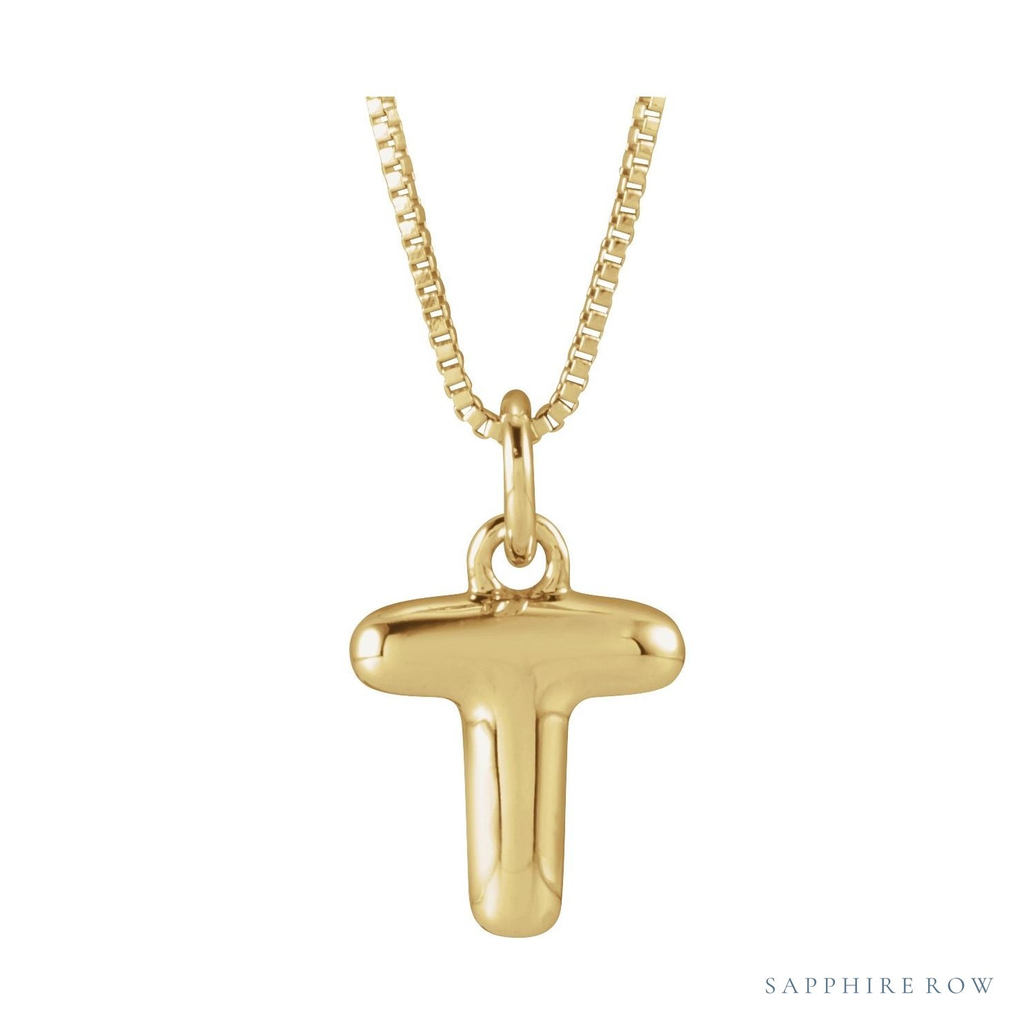 Sapphire Row Bubble Letter Necklace - T, 14K Yellow Gold
