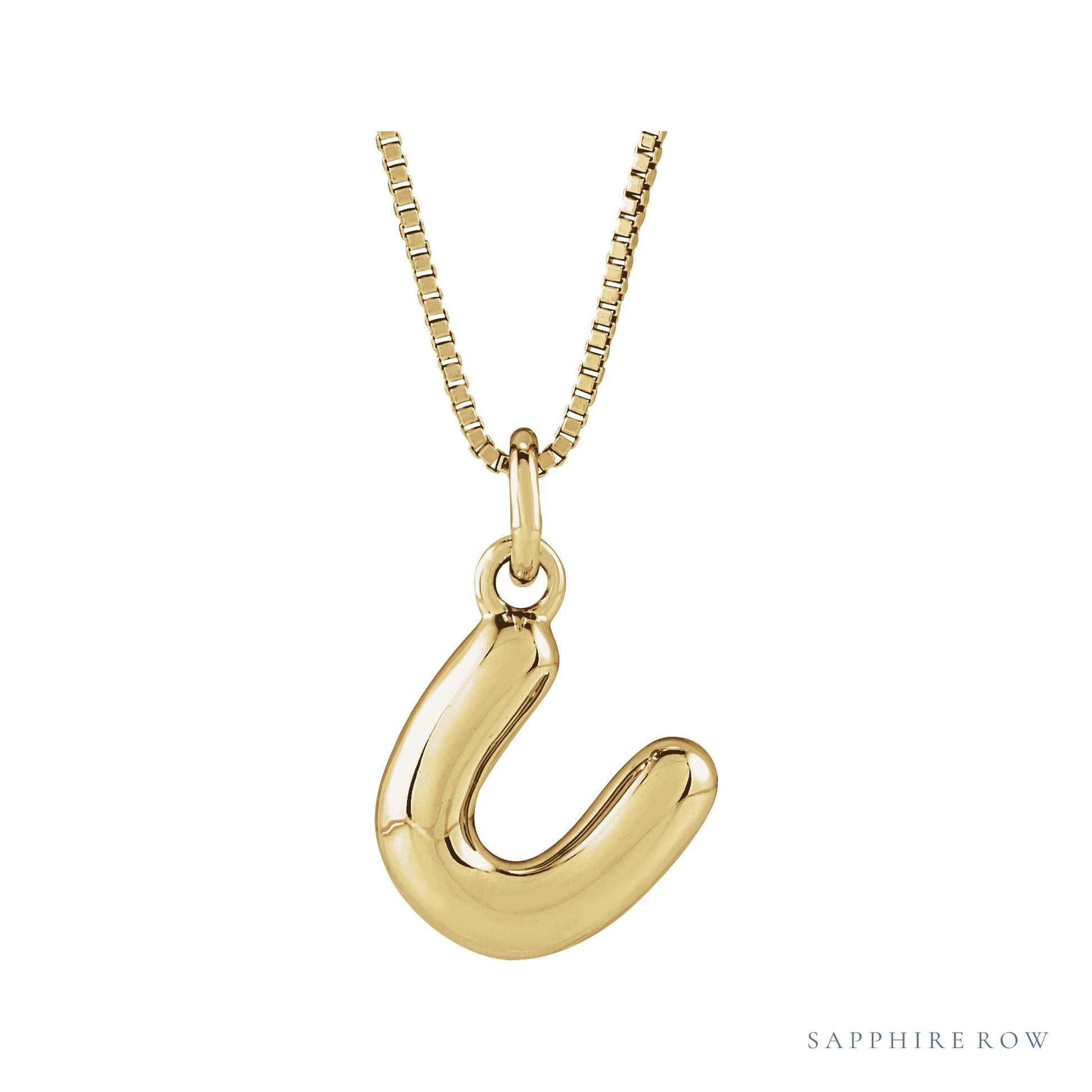 Sapphire Row Bubble Letter Necklace - U, 14K Yellow Gold