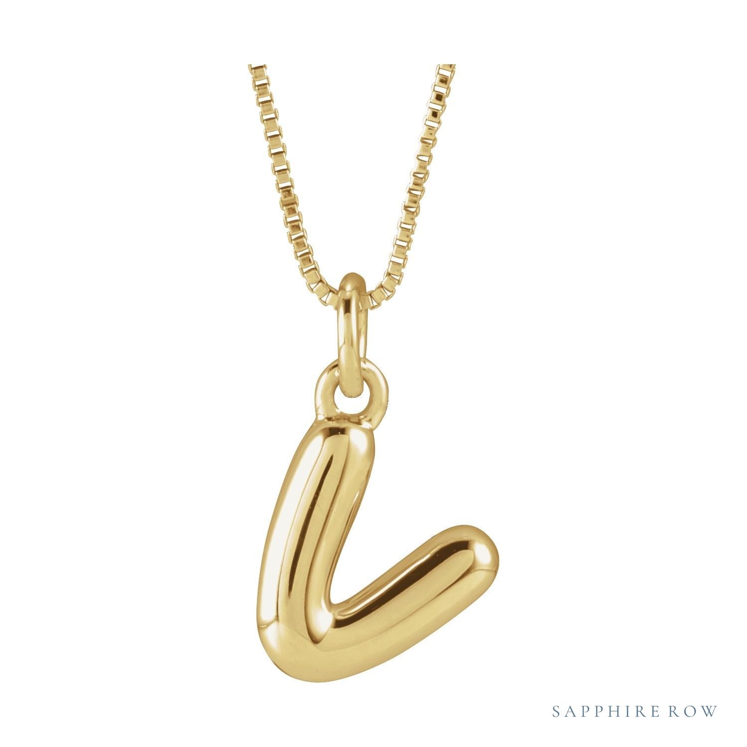 Sapphire Row Bubble Letter Necklace - V, 14K Yellow Gold