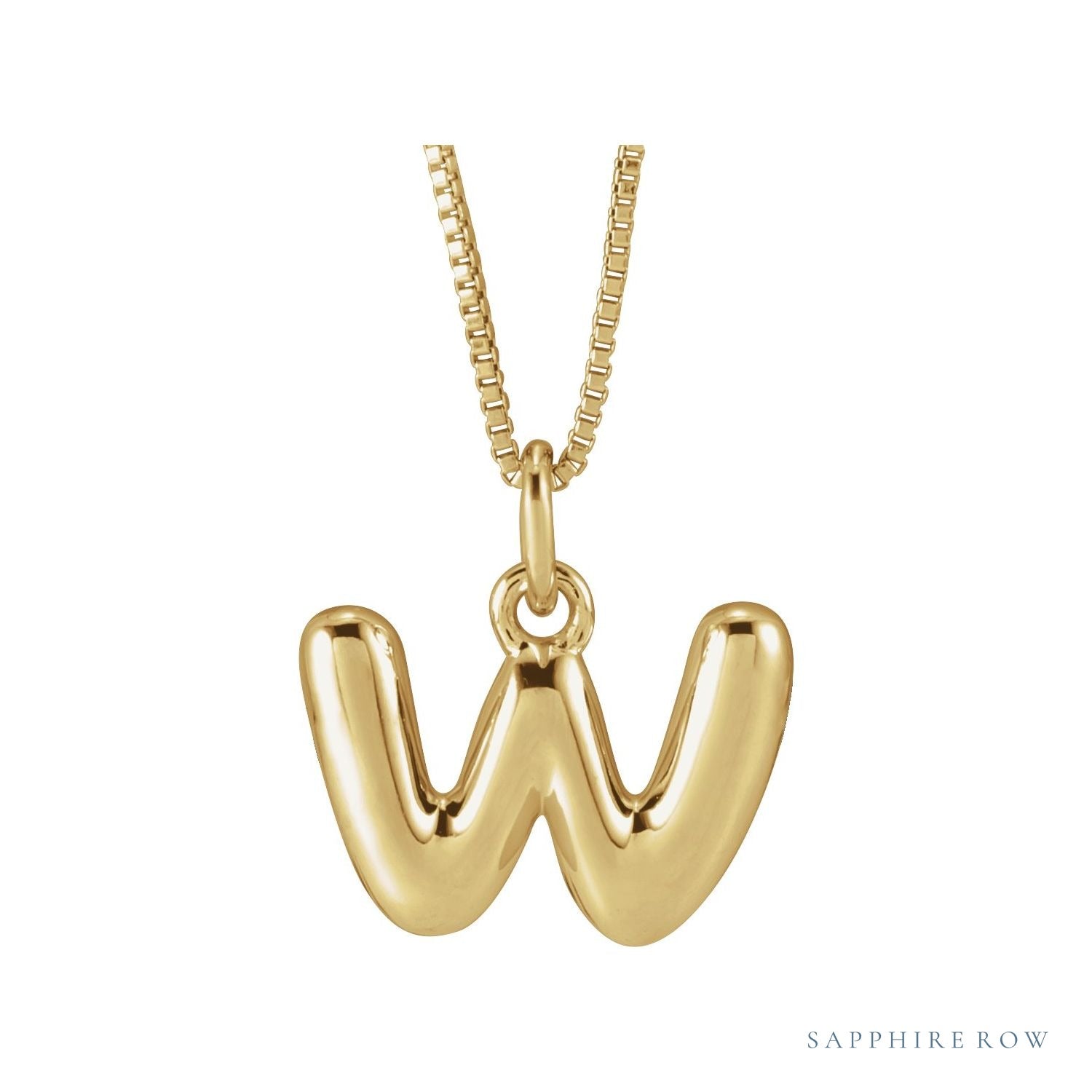 Sapphire Row Bubble Letter Necklace - W, 14K Yellow Gold