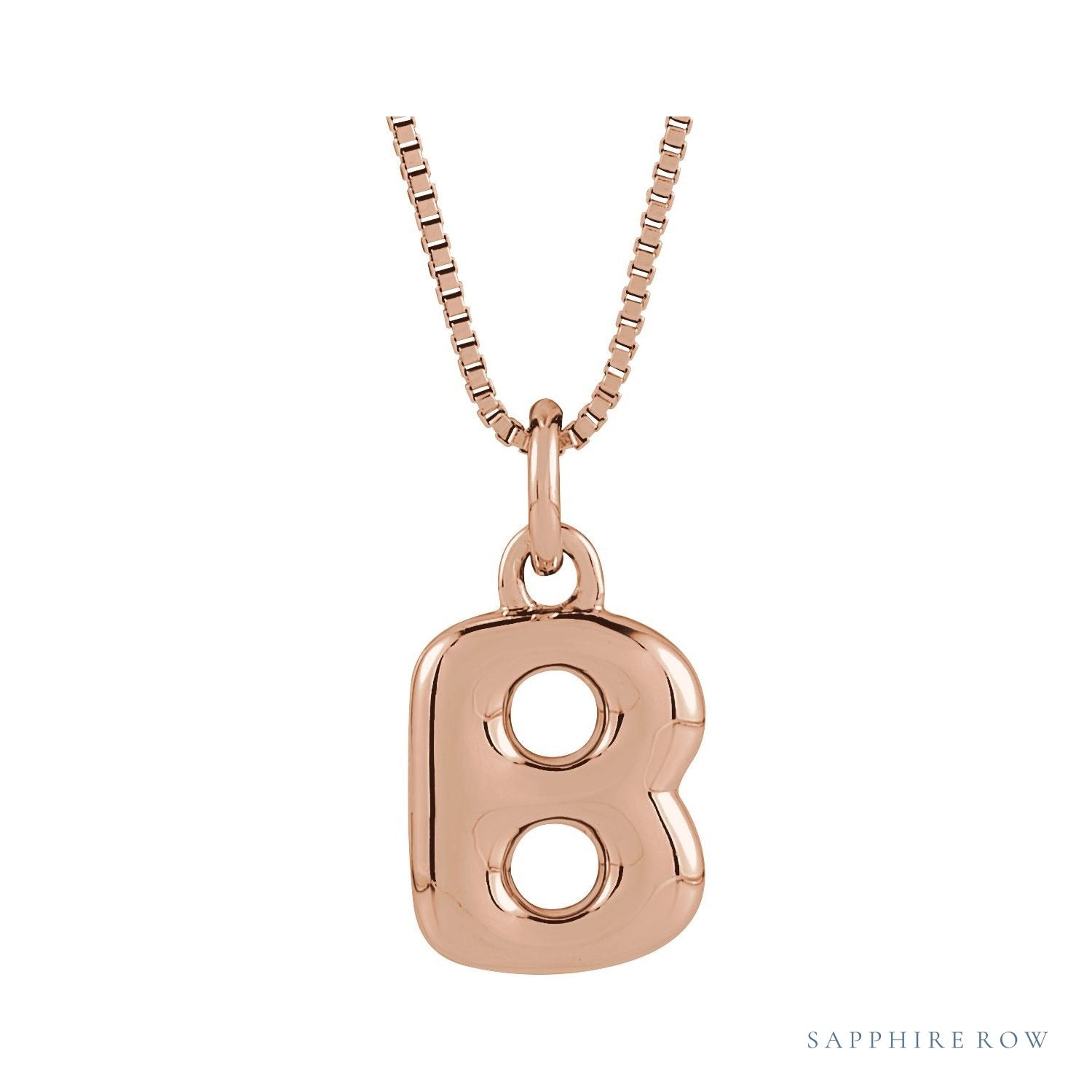 Sapphire Row Bubble Letter Necklace - B, 14K Rose Gold