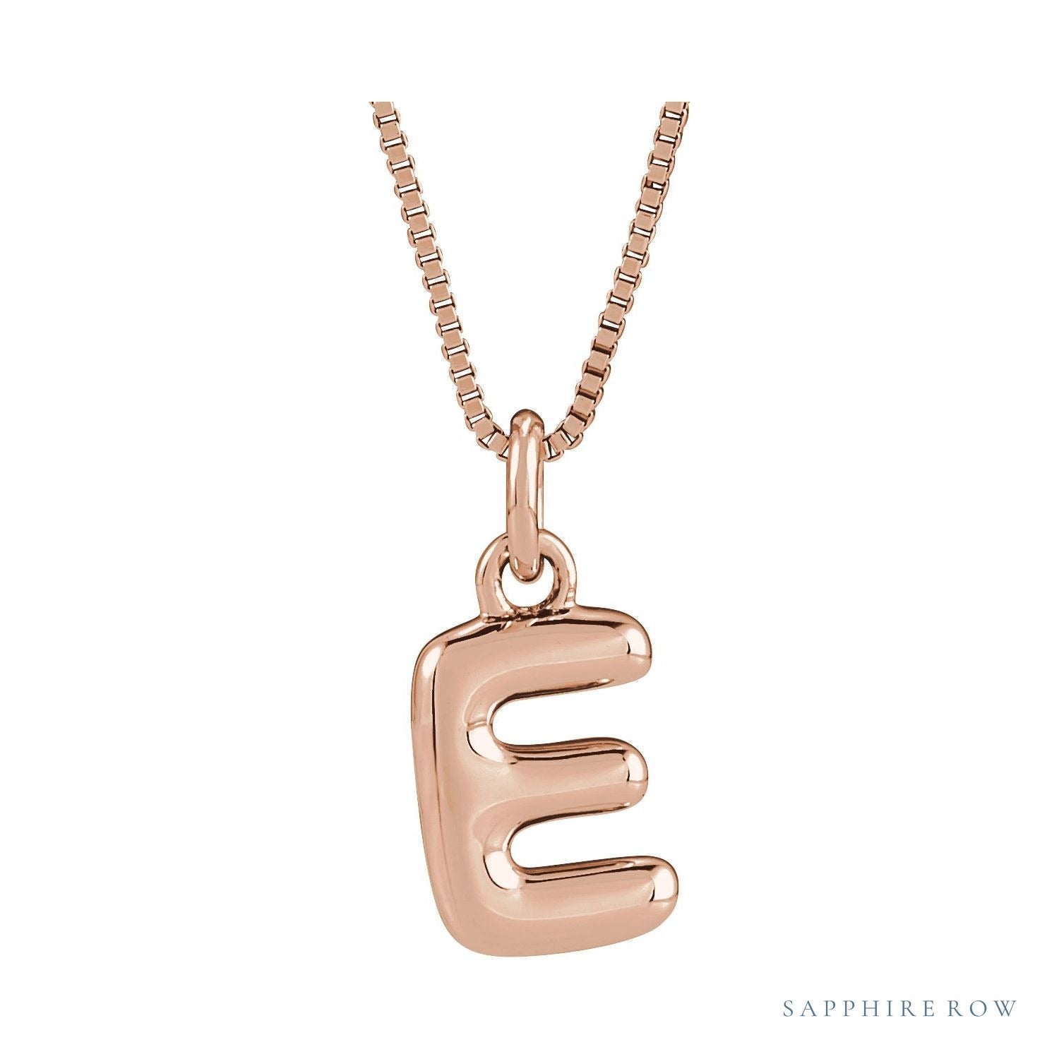 Sapphire Row Bubble Letter Necklace - E, 14K Rose Gold