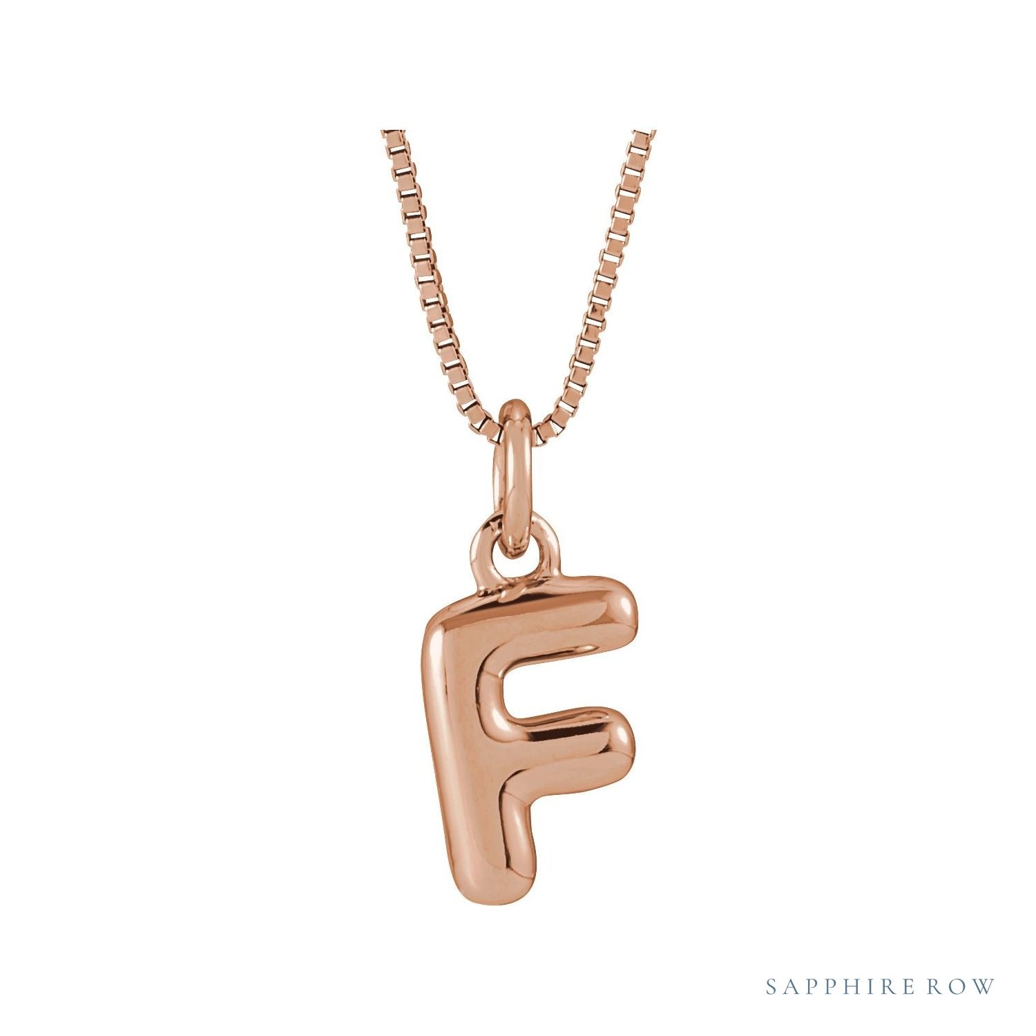 Sapphire Row Bubble Letter Necklace - F, 14K Rose Gold