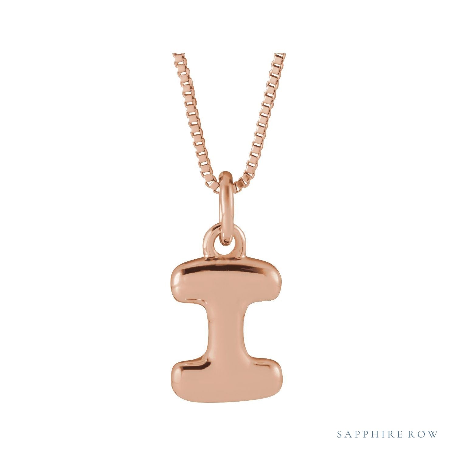 Sapphire Row Bubble Letter Necklace - I, 14K Rose Gold
