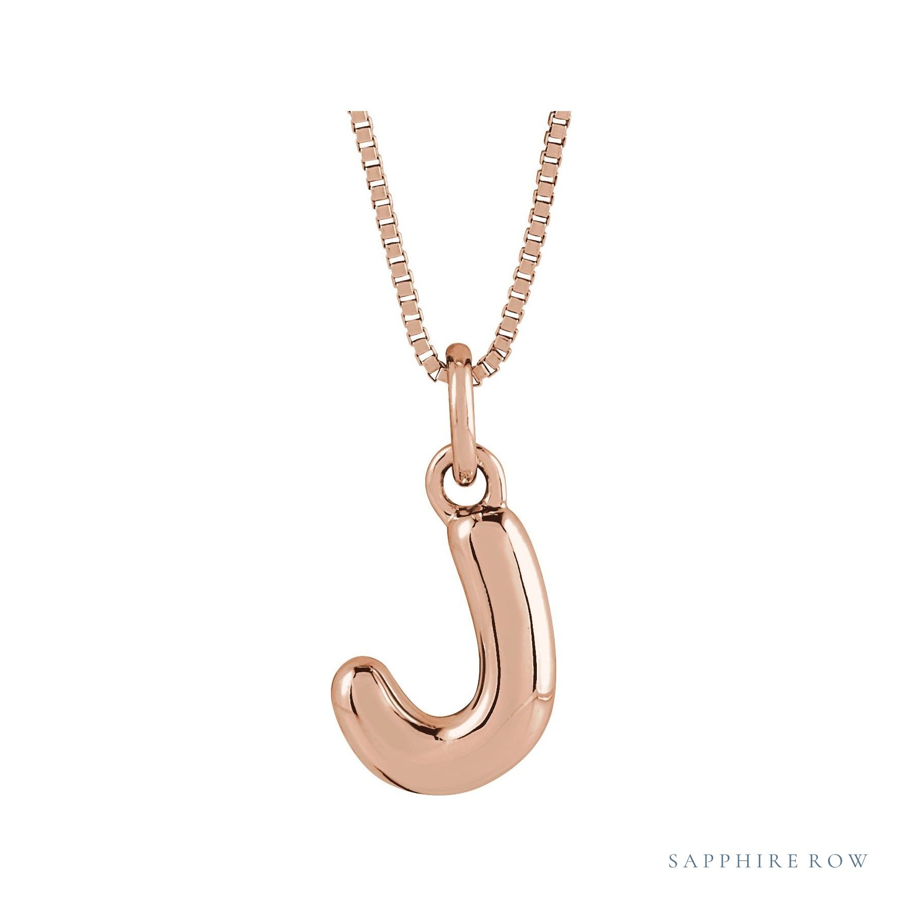 Sapphire Row Bubble Letter Necklace - J, 14K Rose Gold