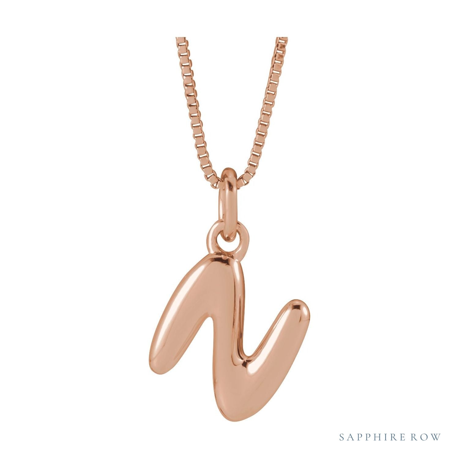 Sapphire Row Bubble Letter Necklace - N, 14K Rose Gold