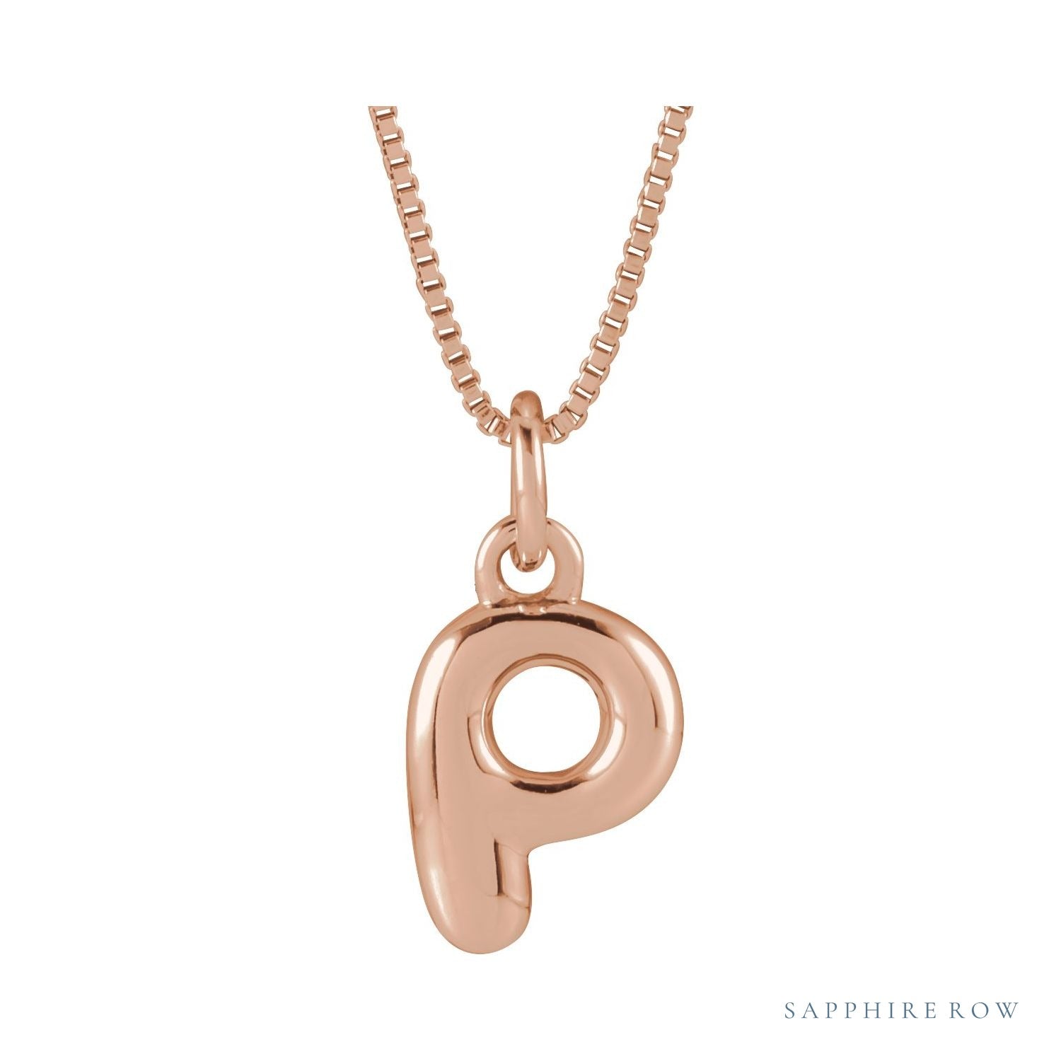 Sapphire Row Bubble Letter Necklace - P, 14K Rose Gold