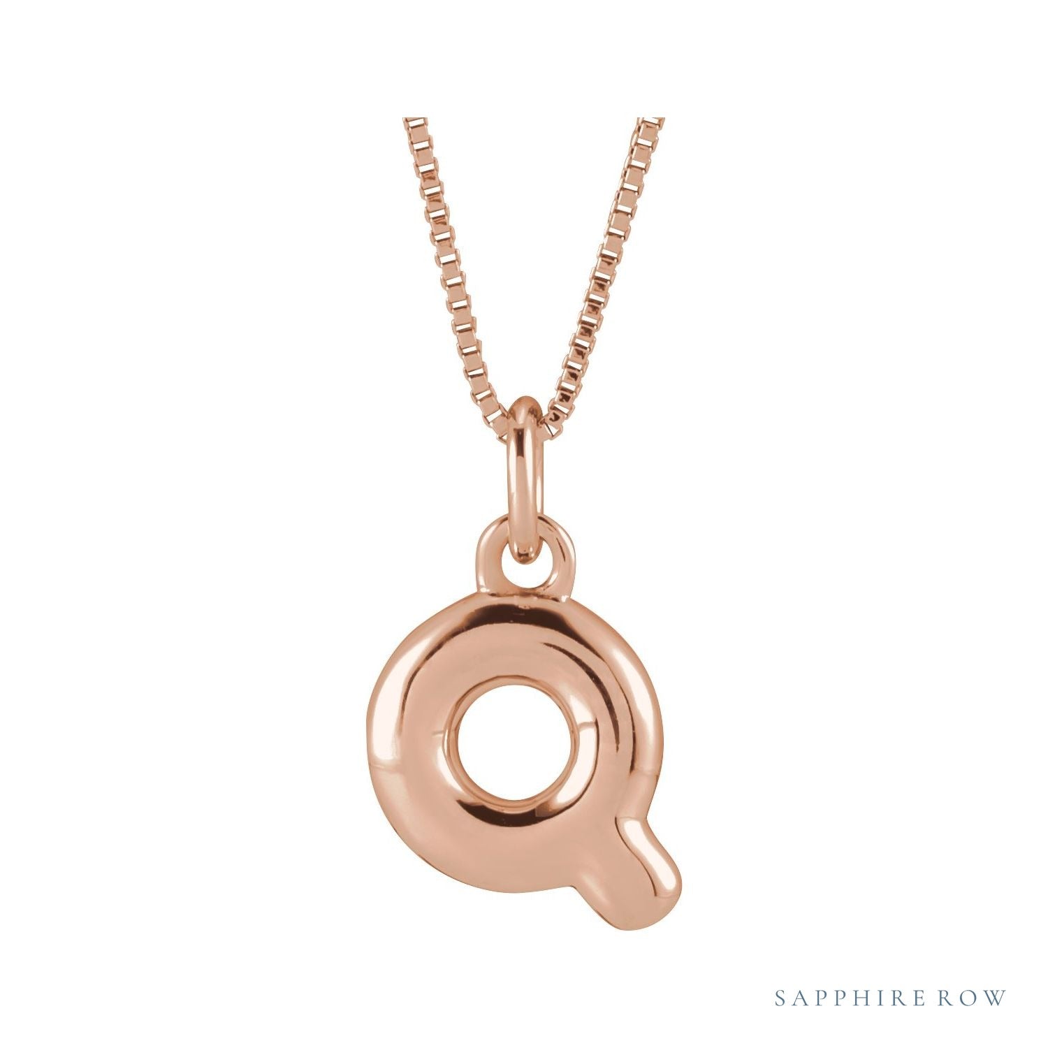 Sapphire Row Bubble Letter Necklace - Q, 14K Rose Gold