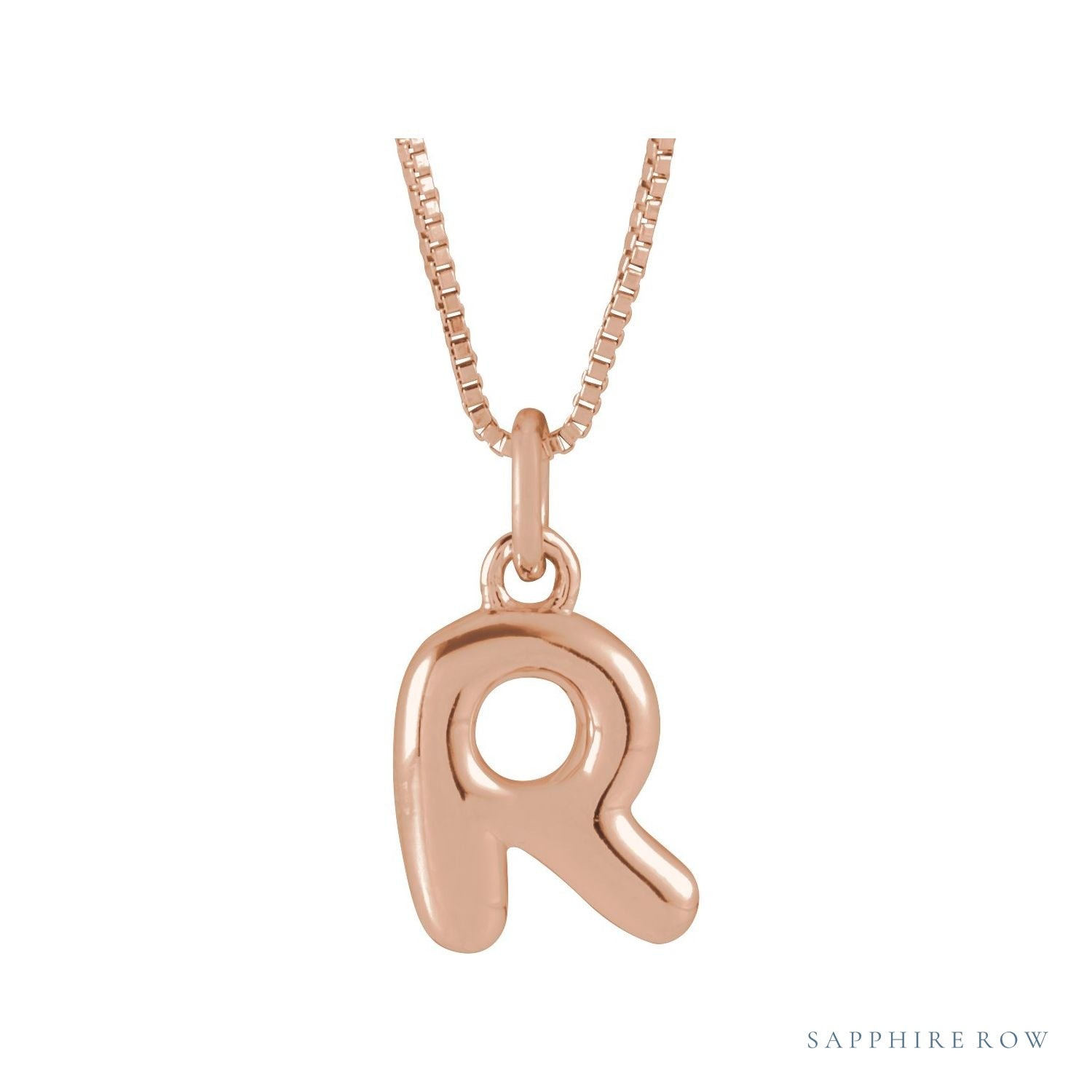 Sapphire Row Bubble Letter Necklace - R, 14K Rose Gold